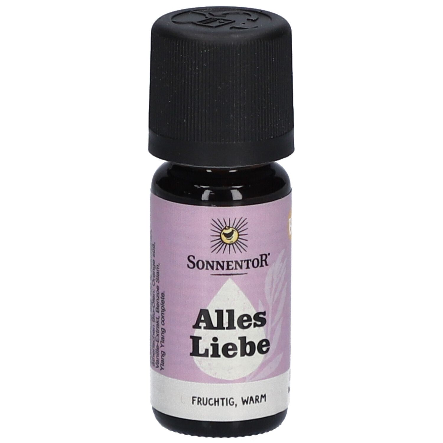 Braune Glasflasche mit schwarzem Deckel. Aufschrift: Sonnentor, Alles Liebe, fruchtig, warm.
