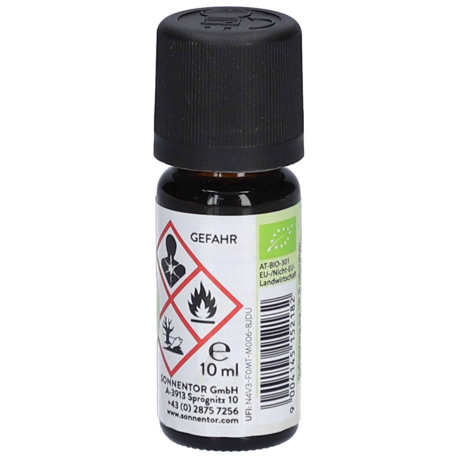 Braune Glasflasche mit schwarzem Deckel. Etikett mit Gefahrensymbolen und "10 ml".