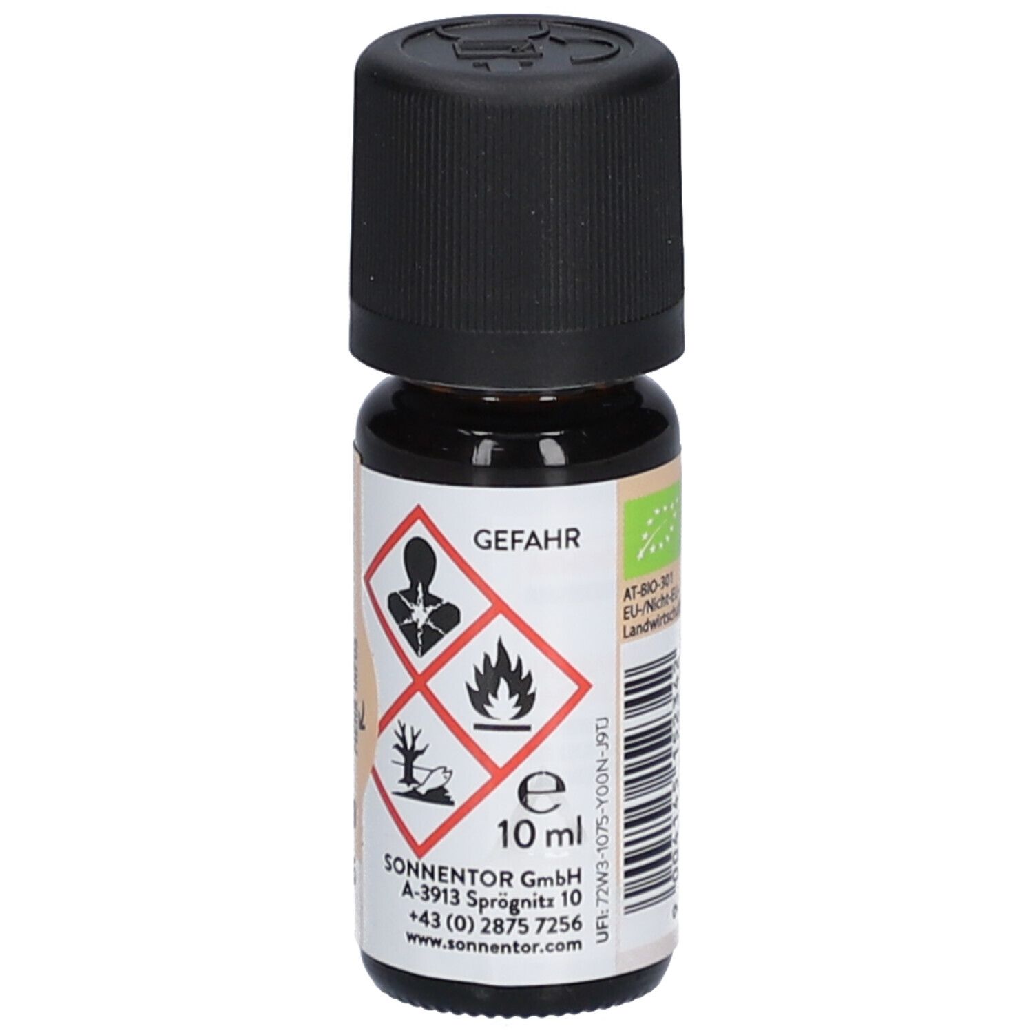 Braune Glasflasche mit schwarzem Deckel. Etikett mit Gefahrensymbolen und Text. 10 ml.