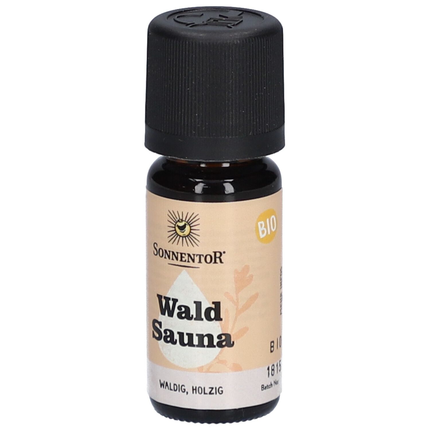 Braune Glasflasche mit schwarzem Deckel. Etikett: Sonnentor, Wald Sauna, BIO-Siegel.