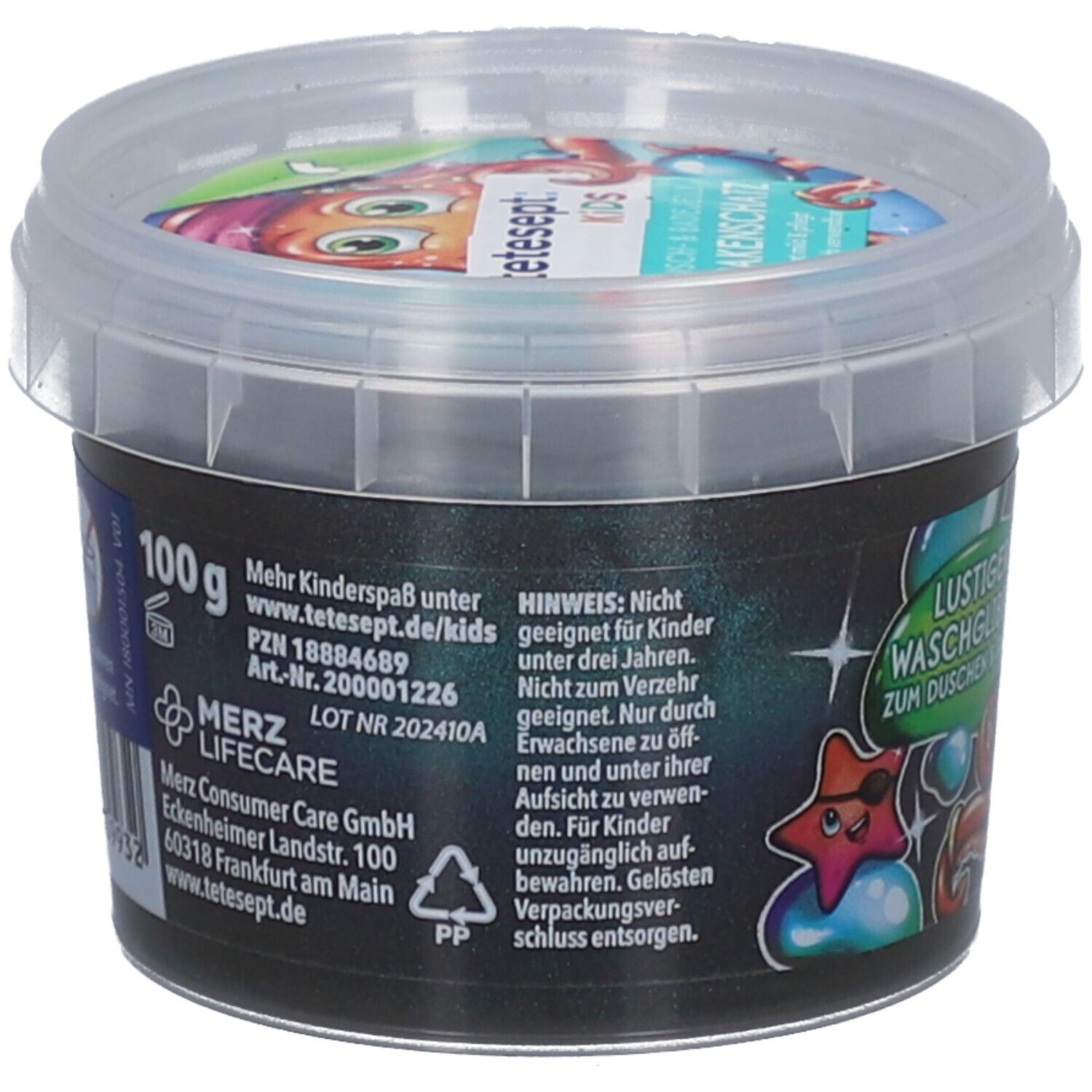 Eimer mit tetesept® Kids Dusch- & Badegel Krakenschatz. Aufschrift 100g. Text und Warnhinweise auf dem Etikett.