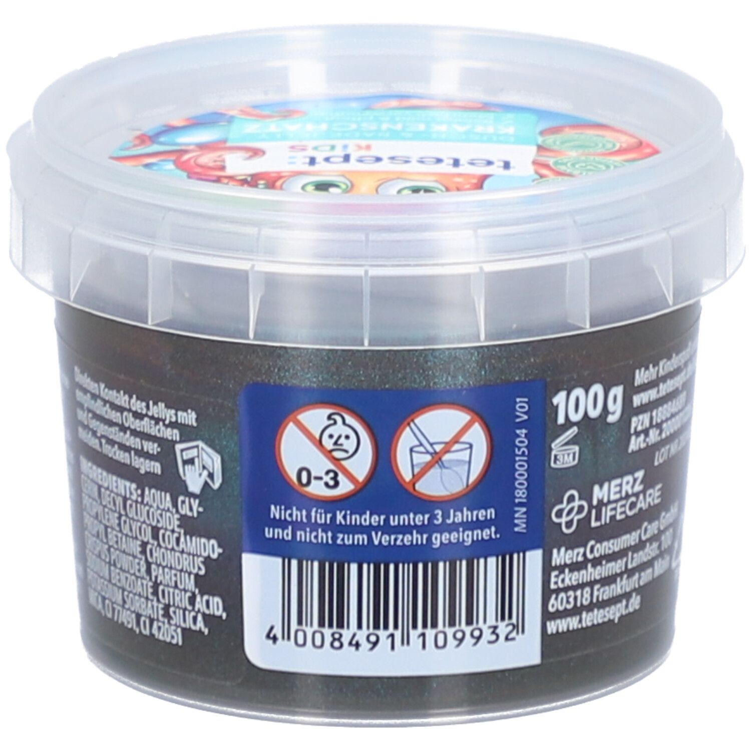 Eimer mit tetesept® Kids Dusch- & Badegel Krakenschatz. Aufschrift 100g. Warnhinweis für Kinder unter 3 Jahren.