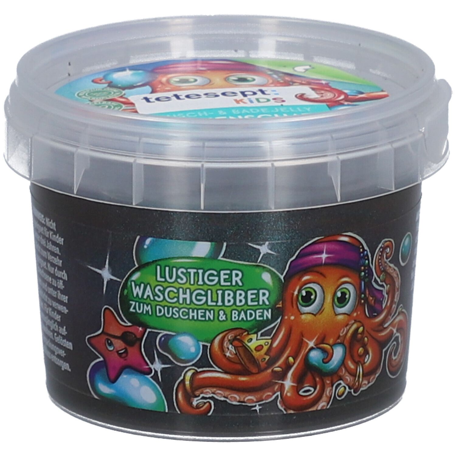 Eimer mit tetesept® Kids Dusch- & Badegel Krakenschatz. Auf dem Eimer ein Oktopus-Cartoon. Text: Lustiger Waschglibber.