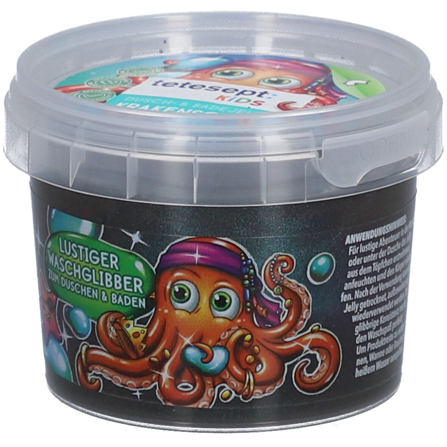 Eimer mit tetesept® Kids Dusch- & Badegel Krakenschatz. Auf dem Eimer ein Oktopus-Cartoon. Text: Lustiger Waschglibber.