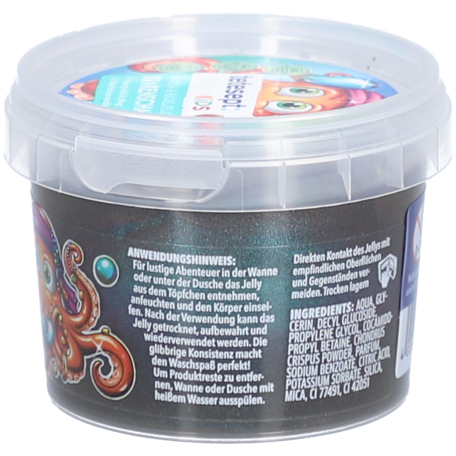 Eimer mit tetesept® Kids Dusch- & Badegel Krakenschatz. Auf dem Eimer ein Oktopus-Cartoon. Text: Anwendungshinweis und Inhaltsstoffe.