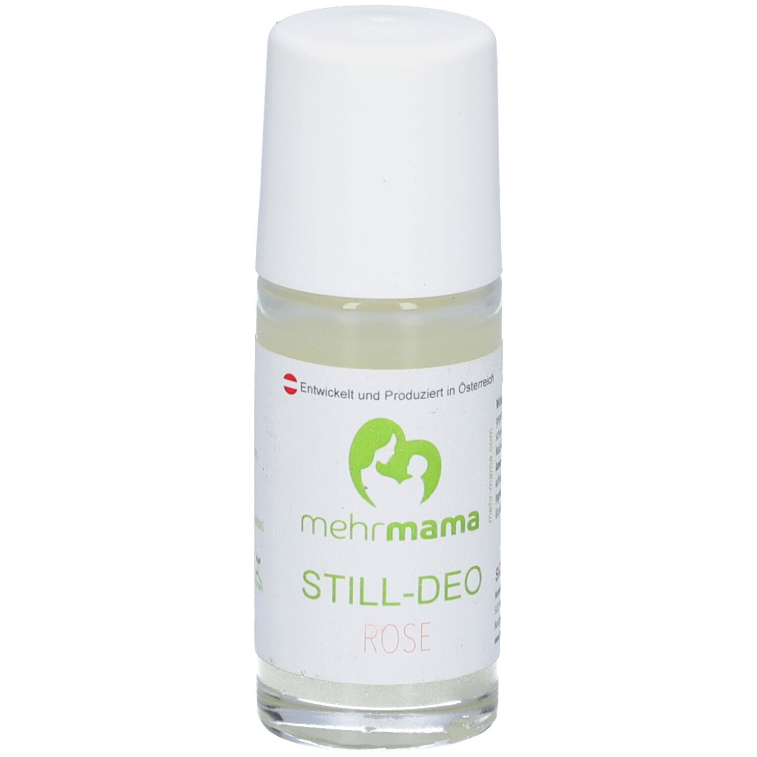 Roll-on-Deo mit weißem Deckel. Aufschrift: MehrMama STILL-DEO ROSE. Grünes Logo mit Mutter und Kind.