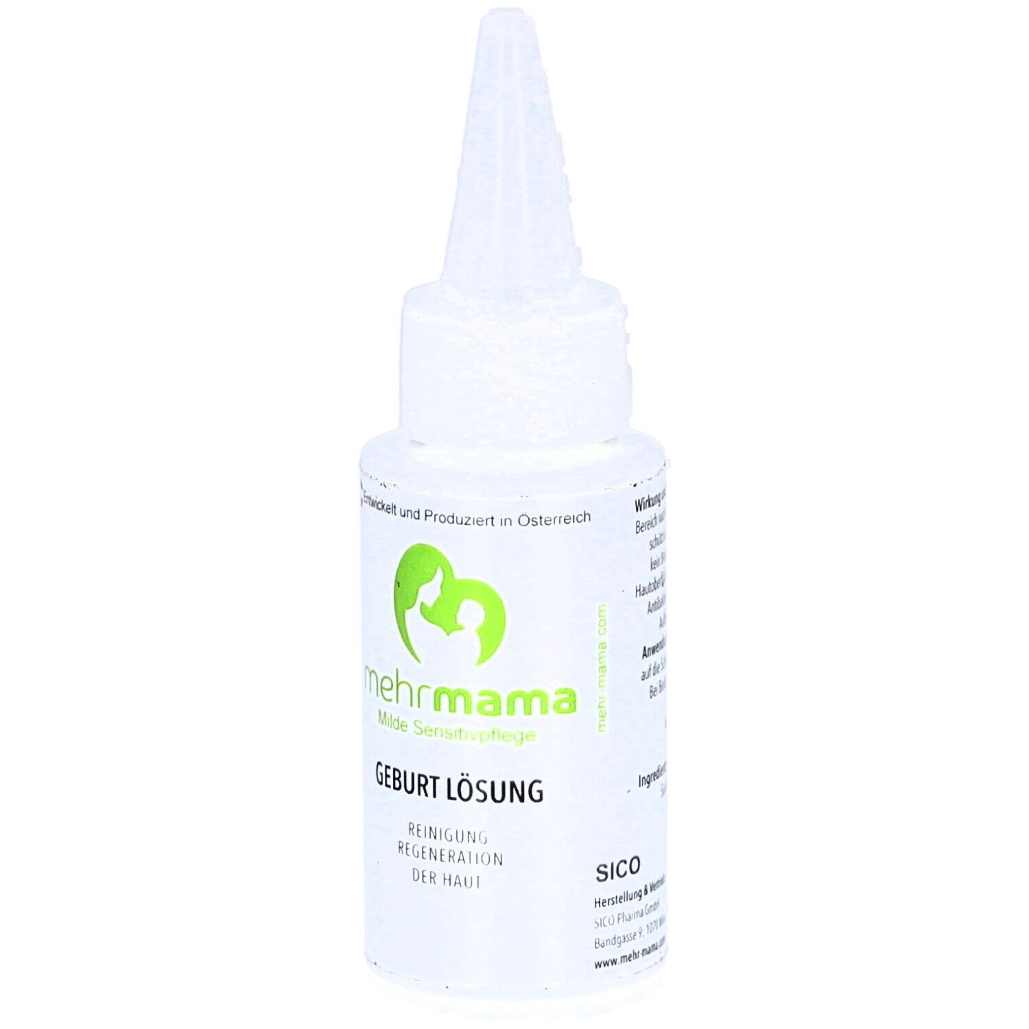 Weiße Flasche mit spitzer Öffnung. Aufschrift: mehrmama, GEBURT LÖSUNG. Reinigung & Regeneration der Haut. Grünes Logo.