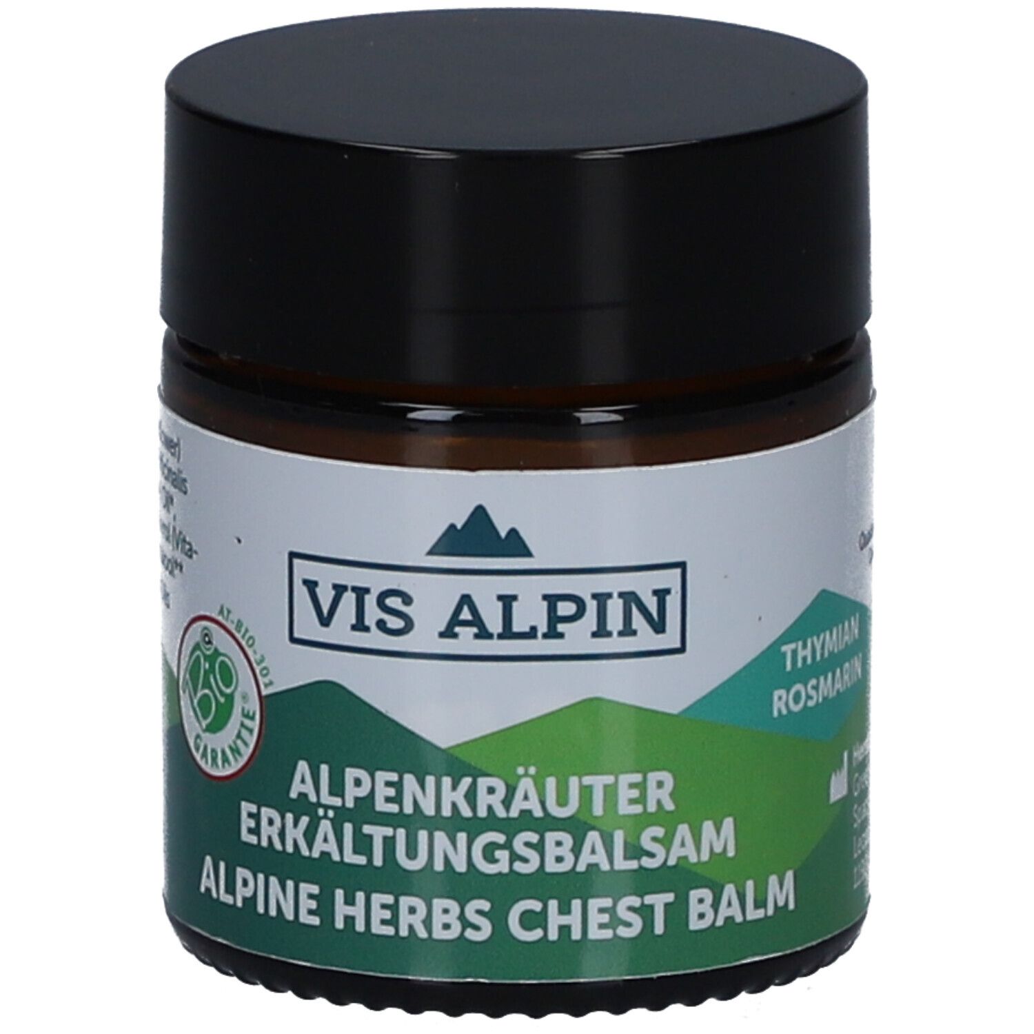 Braunes Glas mit schwarzem Deckel. Etikett mit "VIS ALPIN", "Alpenkräuter Erkältungsbalsam", "Alpine Herbs Chest Balm".