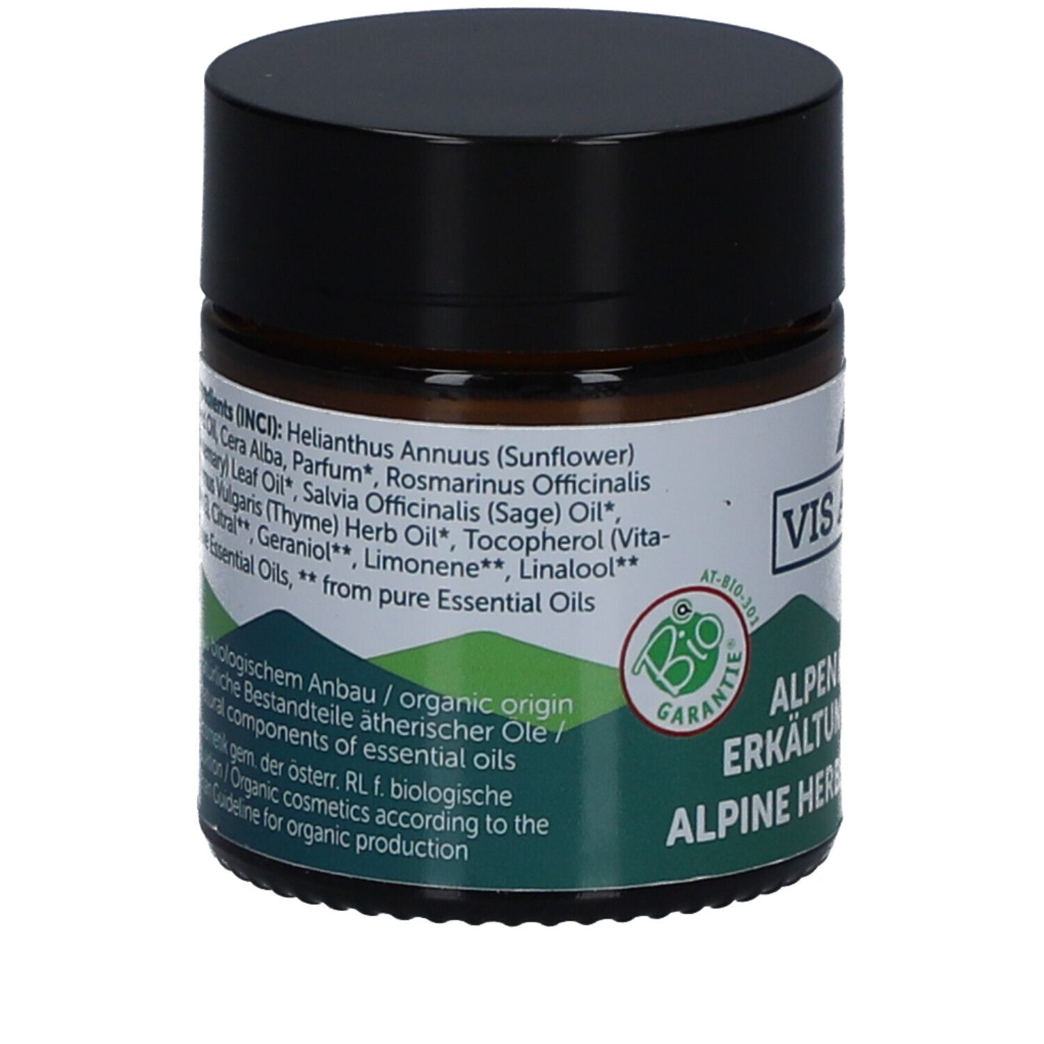 Braunes Glas mit schwarzem Deckel. Etikett mit Inhaltsstoffen, "VIS ALPIN" und Bio-Siegel.