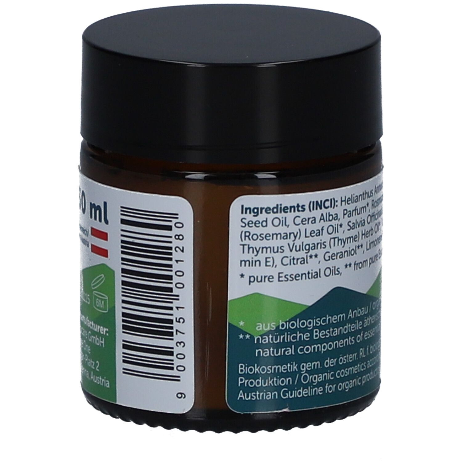 Braunes Glas mit schwarzem Deckel. Etikett mit Inhaltsstoffen, Chargennummer und Barcode.