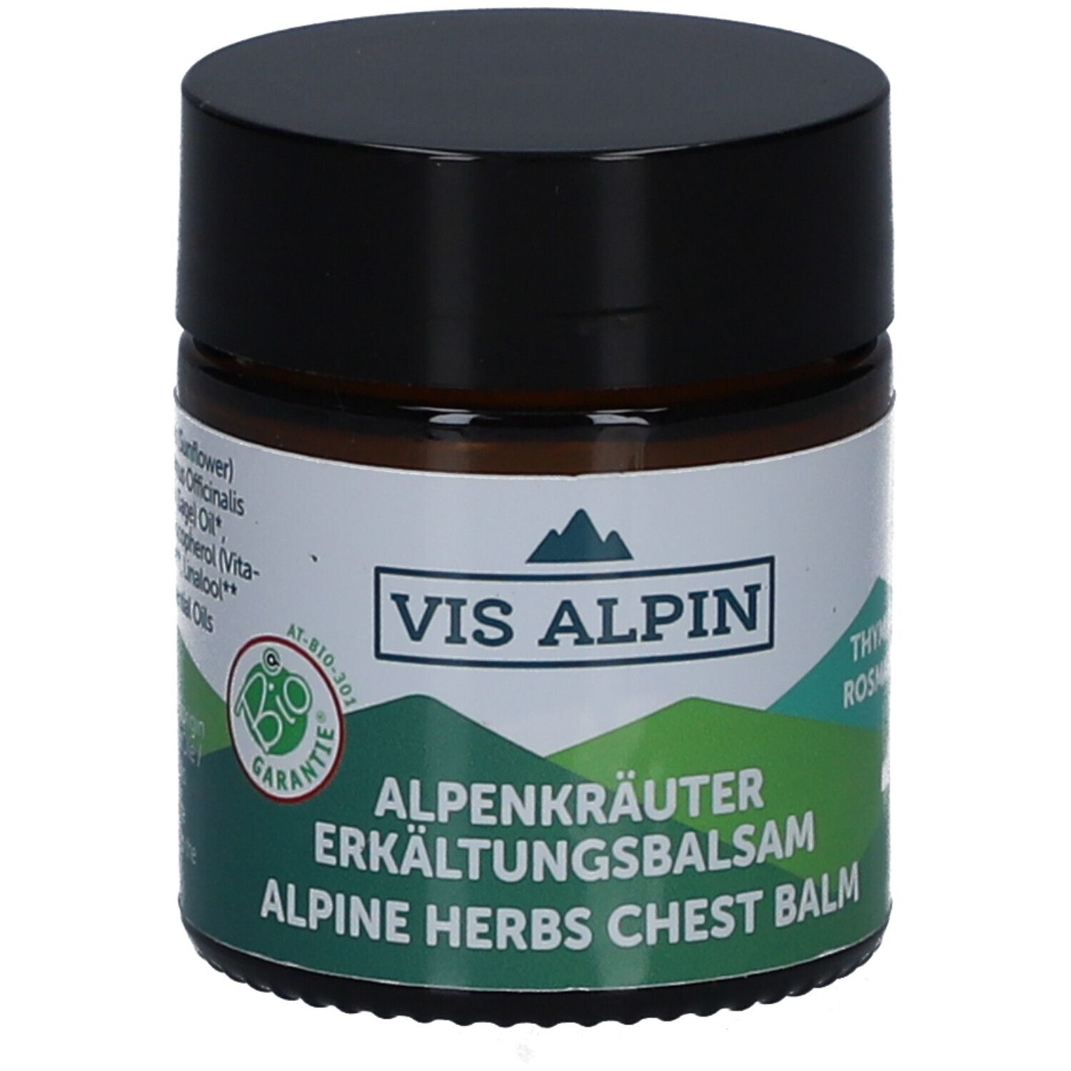 Braunes Glas mit schwarzem Deckel. Etikett mit "VIS ALPIN", "Alpenkräuter Erkältungsbalsam", Bio-Siegel.