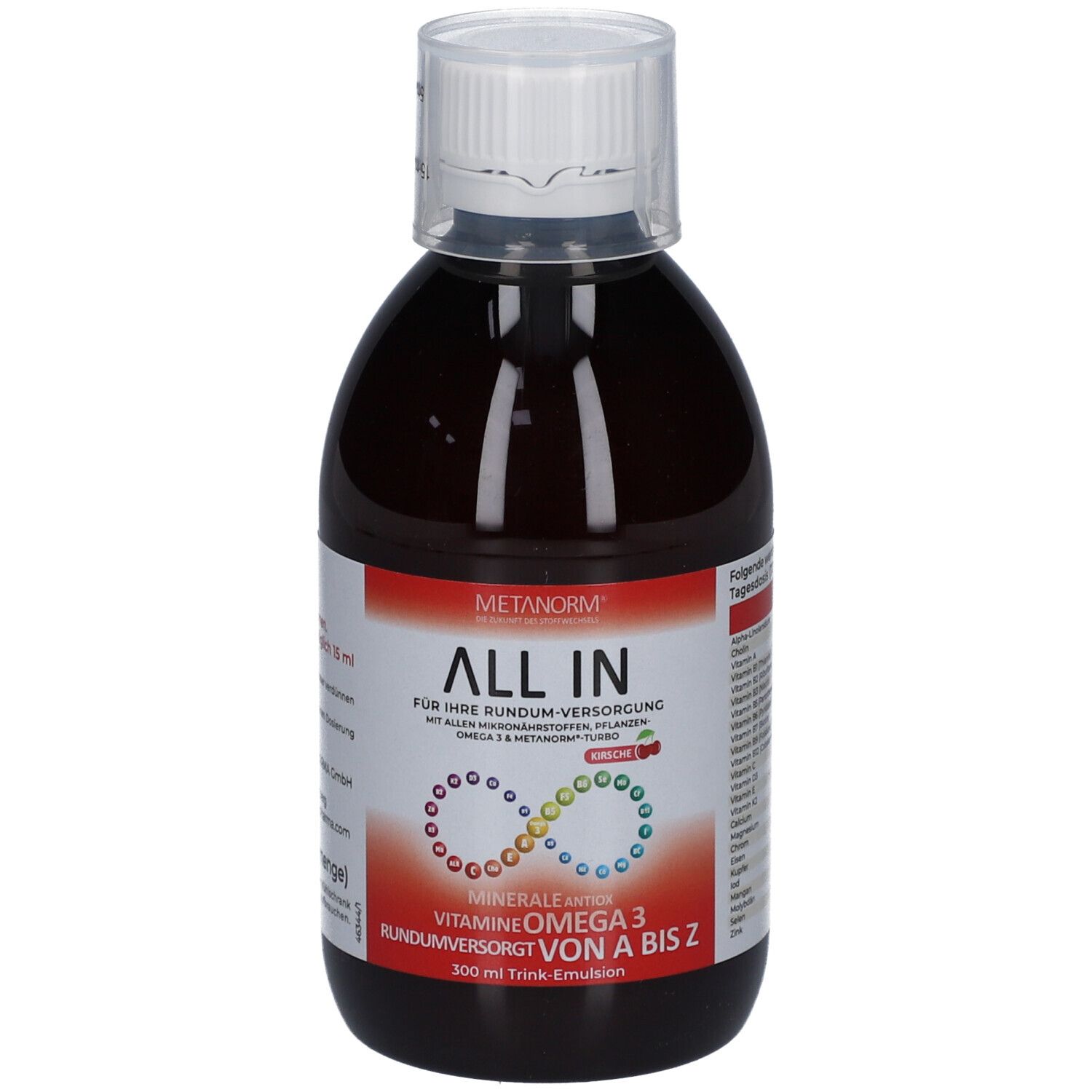 Braune Flasche mit weißem Deckel. Aufschrift: ALL IN, METANORM, Kirsche. Enthält Mineralien, Vitamine, Omega 3.