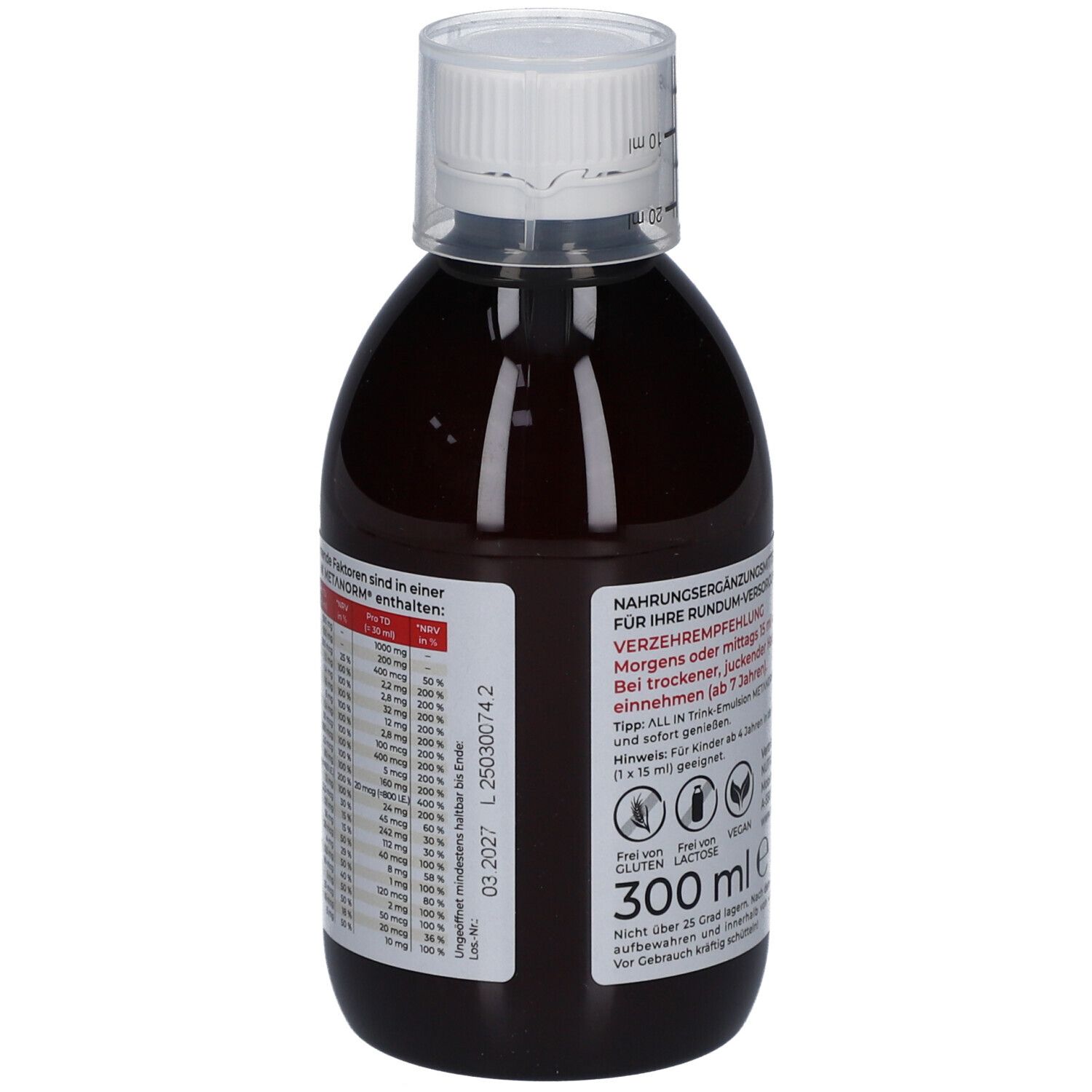 Braune Flasche mit weißem Deckel. Rückseite mit Nährwertangaben. Enthält 300 ml. Mindesthaltbarkeit 03.2027.