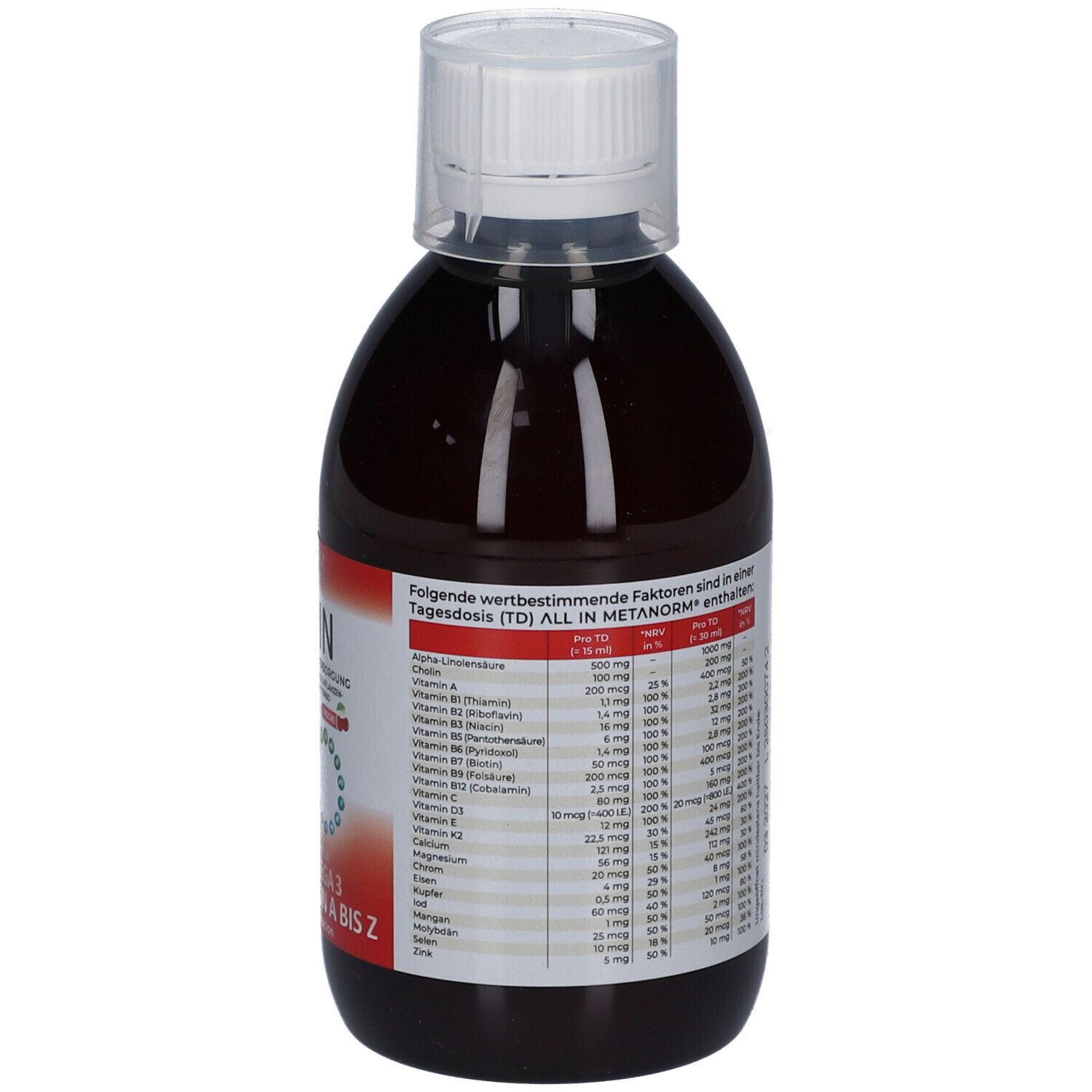 Braune Flasche mit weißem Deckel. Rückseite mit Nährwertangaben. Enthält 300 ml. Inhaltsstoffe aufgelistet.