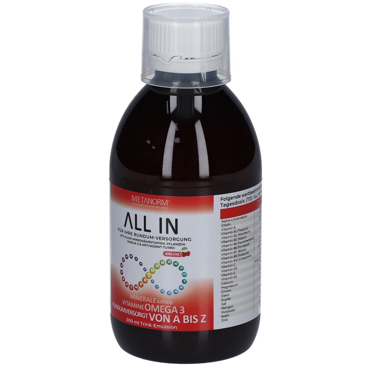 Braune Flasche mit weißem Deckel. Aufschrift: ALL IN, METANORM, Kirsche. Enthält Mineralien, Vitamine, Omega 3.