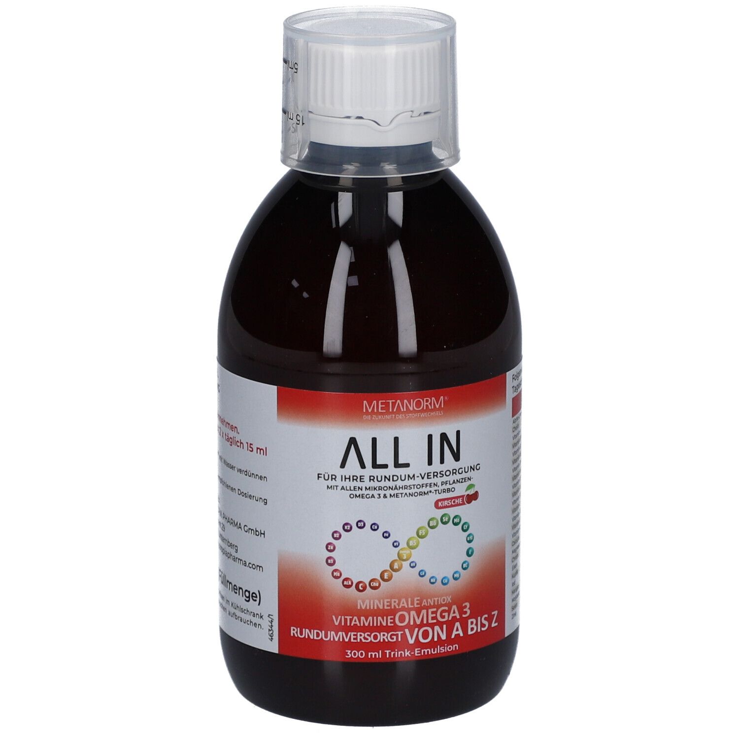 Braune Flasche mit weißem Deckel. Aufschrift: ALL IN, METANORM, Kirsche. Enthält Mineralien, Vitamine, Omega 3.
