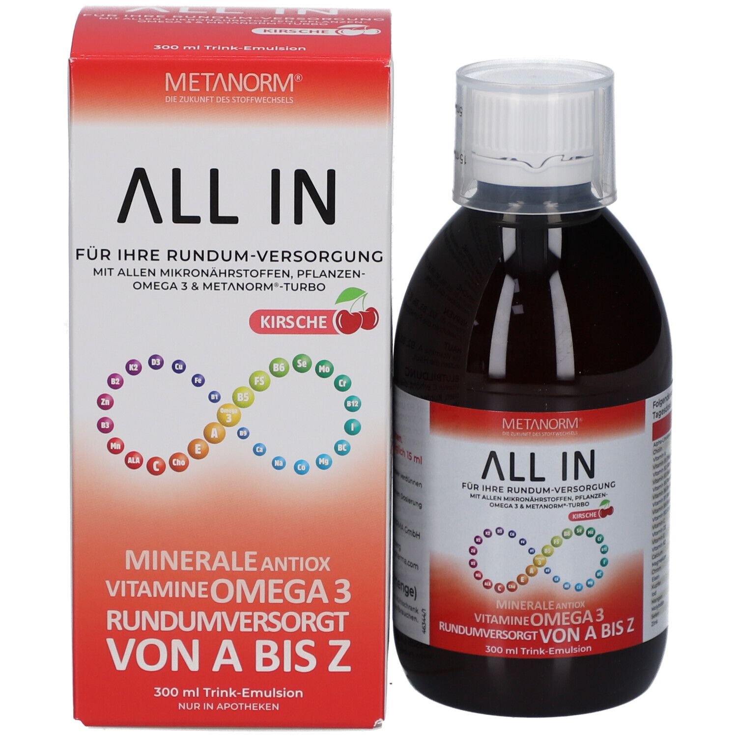 Flasche und Verpackung. Aufschrift: ALL IN, METANORM, Kirsche. Enthält Mineralien, Vitamine, Omega 3. 300 ml.