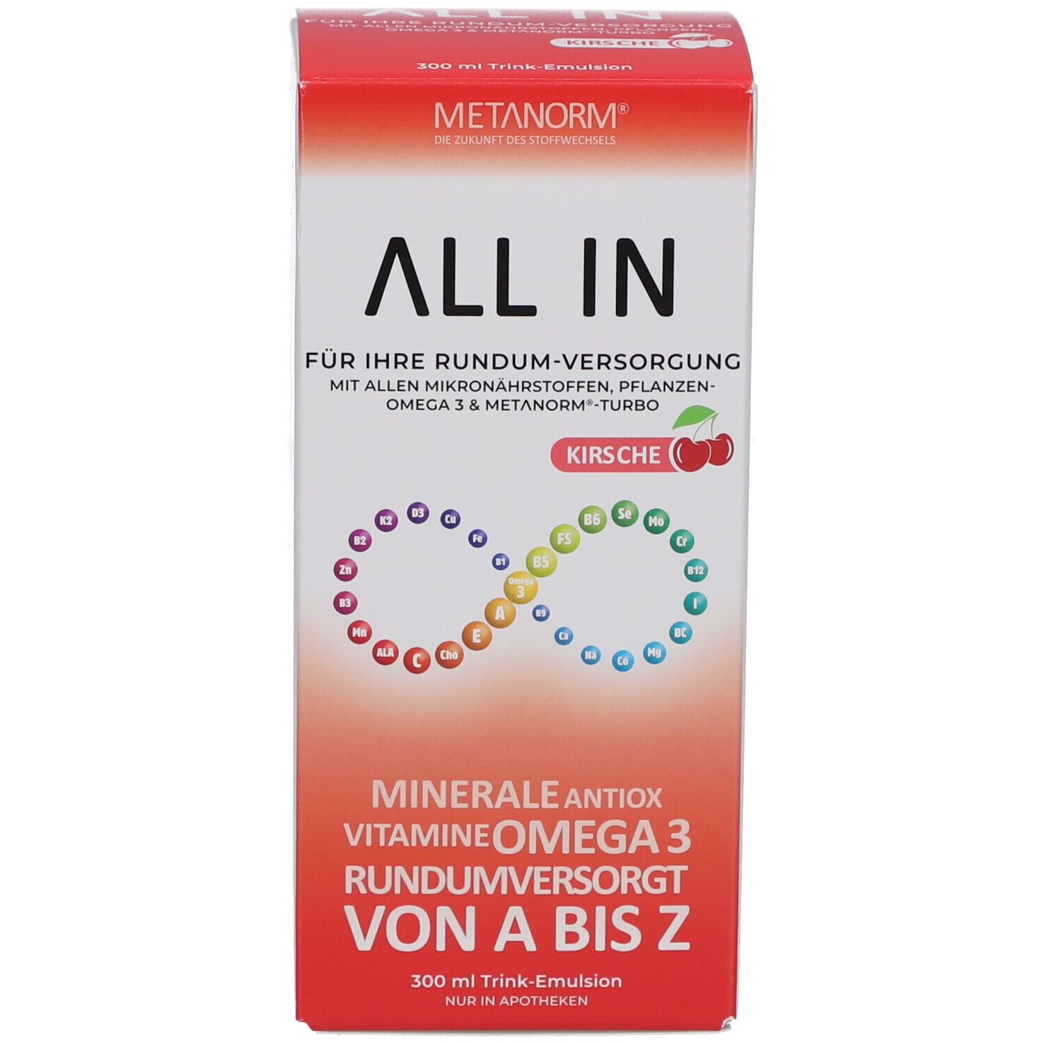 Verpackung. Aufschrift: ALL IN, METANORM, Kirsche. Enthält Mineralien, Vitamine, Omega 3. 300 ml. Nur in Apotheken.