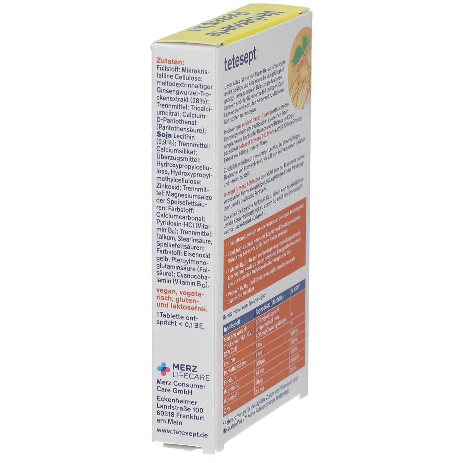 Seitenansicht der Tetesept Ginseng 600 Intens Tabletten-Packung. Enthält Informationen zu Inhaltsstoffen und Hersteller.