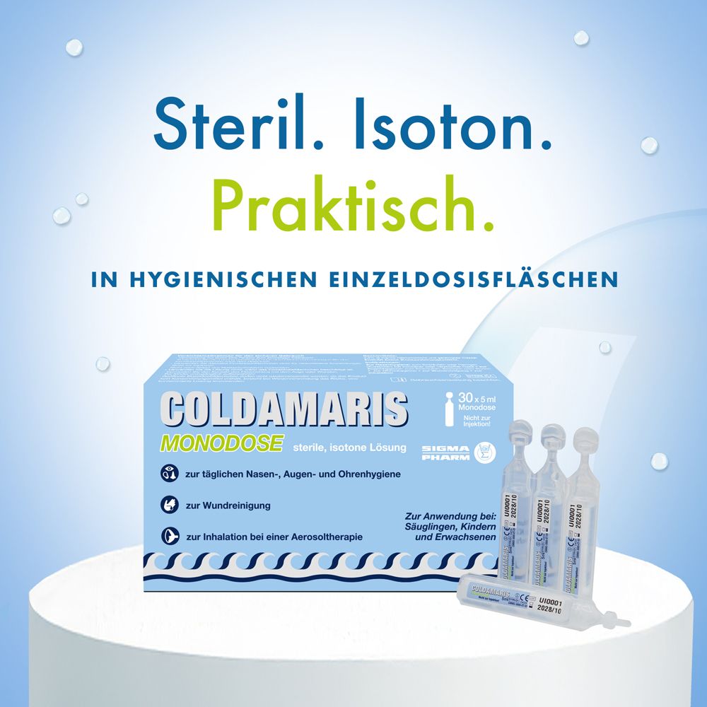 COLDAMARIS MONODOSE: Packung mit 30 sterilen Kochsalzlösungsampullen für Nase, Augen, Ohren, Wunden und Inhalation.