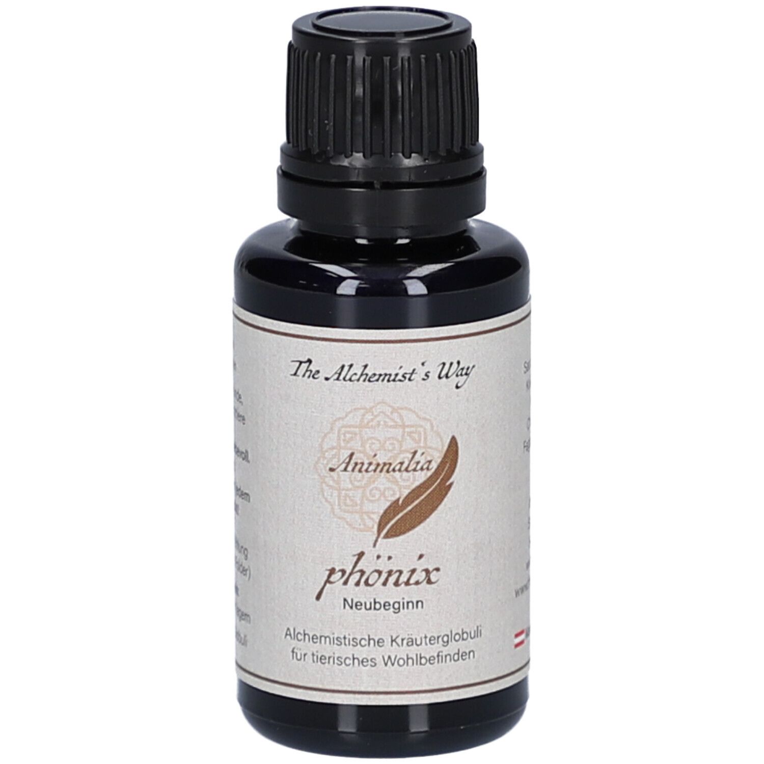 Braune Glasflasche mit schwarzem Deckel. Etikett mit "The Alchemist's Way", "Animalia phönix Neubeginn".