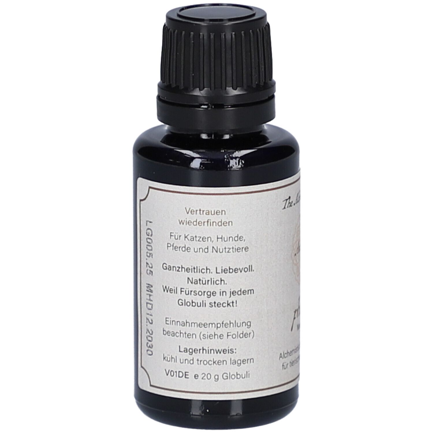 Braune Glasflasche mit schwarzem Deckel. Etikett mit Text: Für Katzen, Hunde, Pferde und Nutztiere.