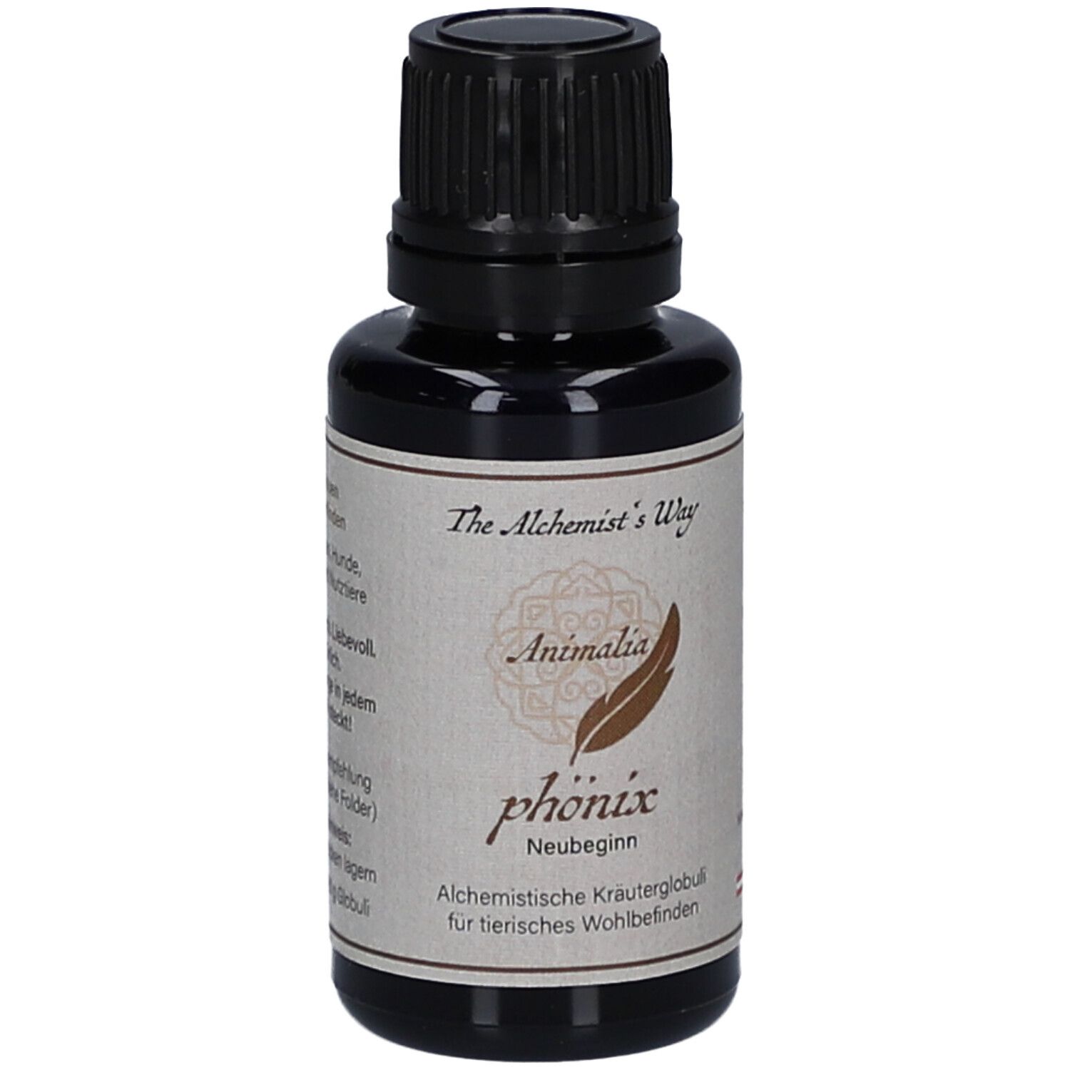 Braune Glasflasche mit schwarzem Deckel. Etikett mit "The Alchemist's Way", "Animalia phönix Neubeginn".