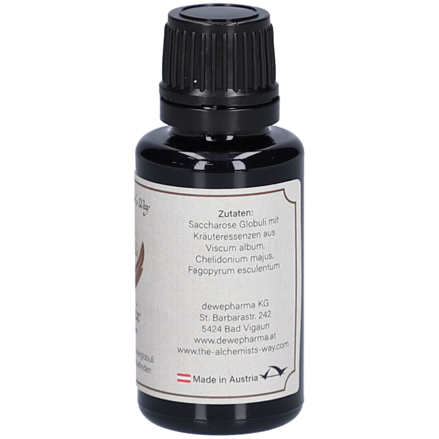 Braune Glasflasche mit schwarzem Deckel. Etikett mit Zutatenliste und Herstellerinformationen. Hergestellt in Österreich.