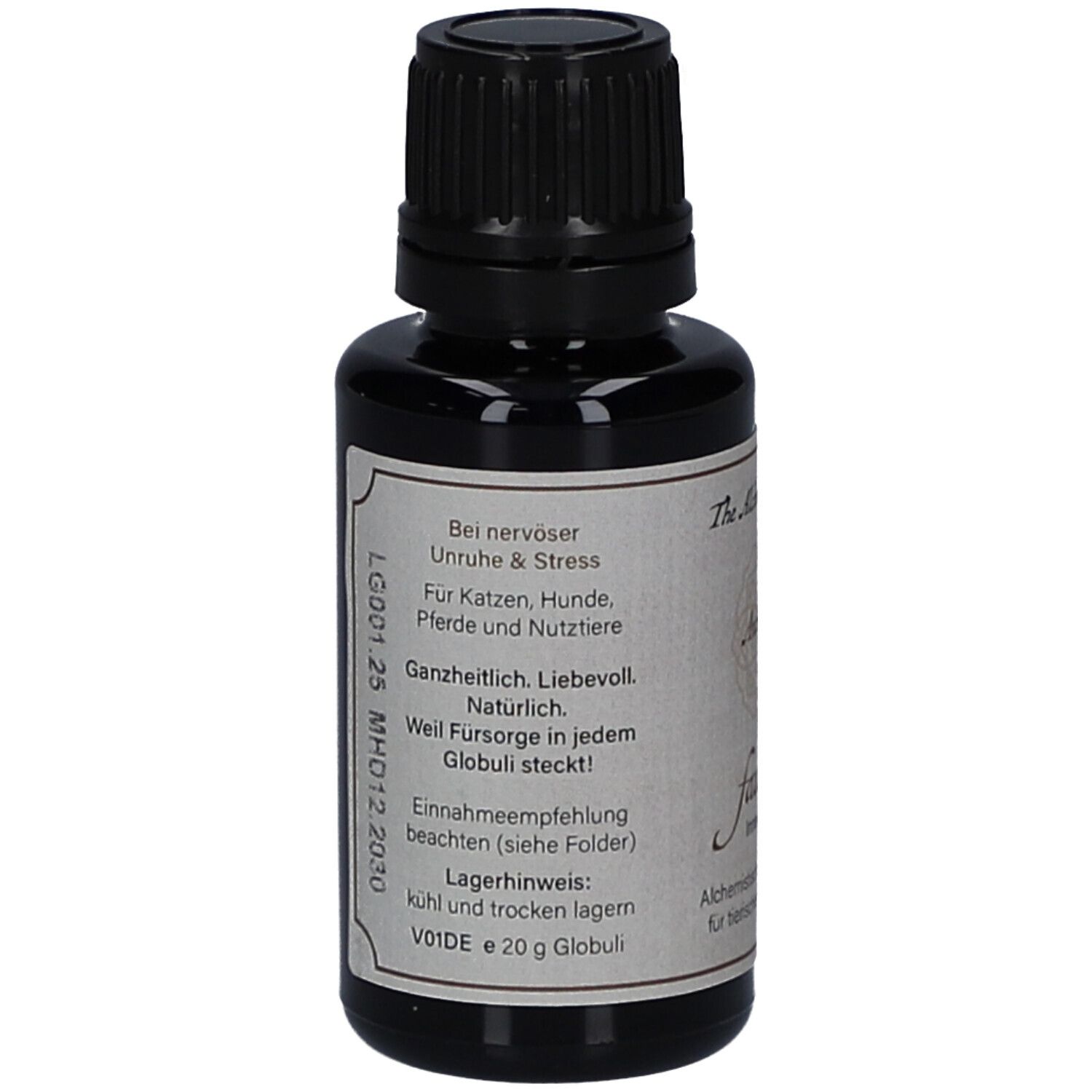 Braune Glasflasche mit schwarzem Deckel. Etikett mit Text: Bei nervöser Unruhe & Stress. Für Katzen, Hunde, Pferde und Nutztiere. Globuli.