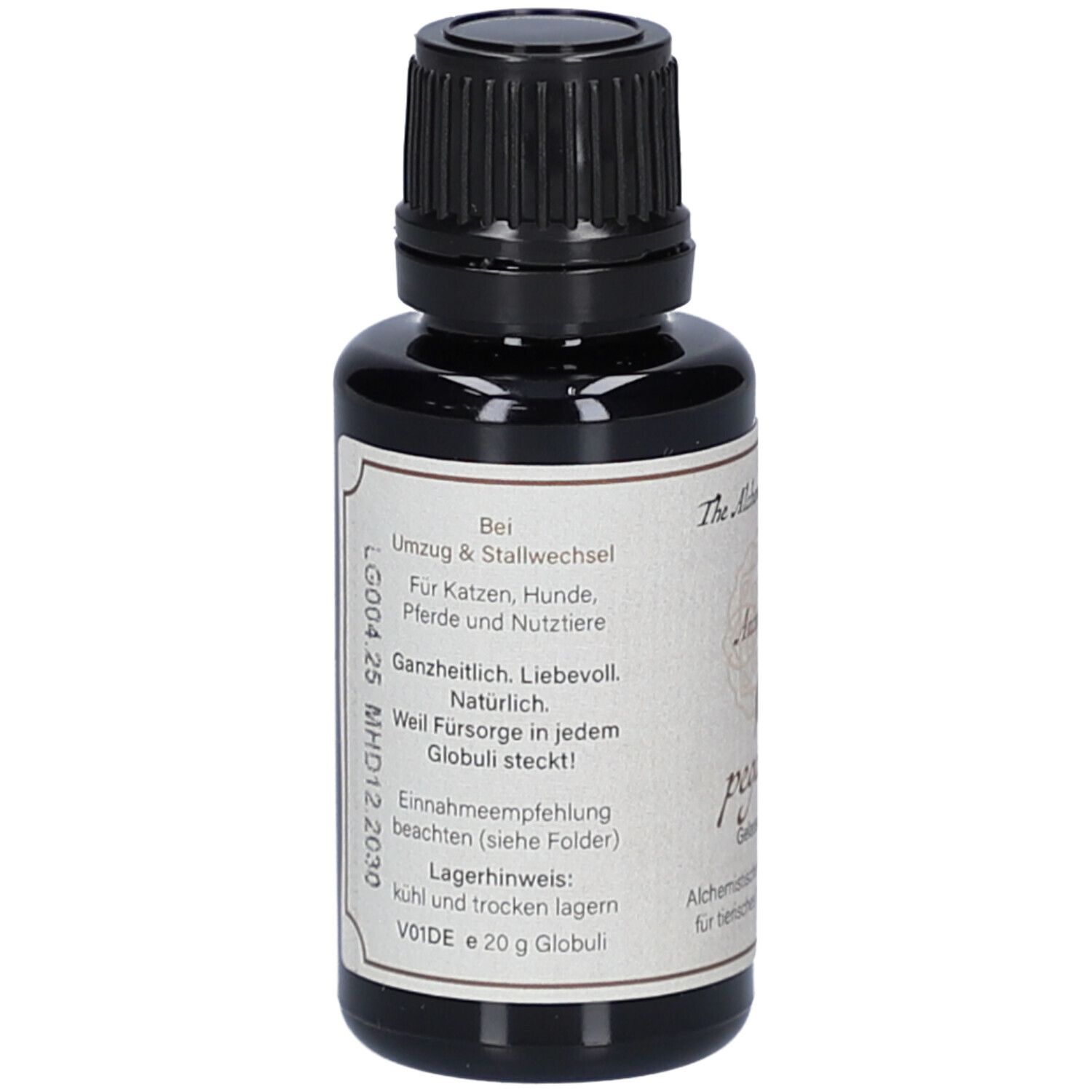 Braune Glasflasche mit schwarzem Deckel. Etikett mit Text und Informationen zur Anwendung und Lagerung.