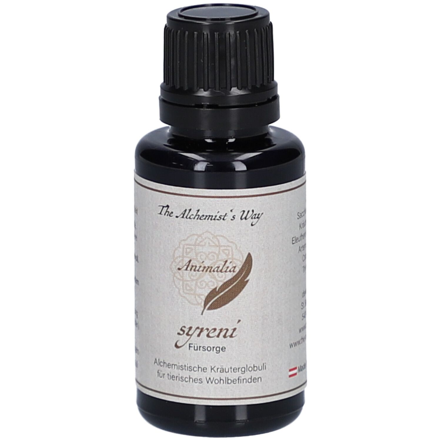 Braune Glasflasche mit schwarzem Deckel. Etikett mit Produktnamen, Logo und Text. Für tierisches Wohlbefinden.