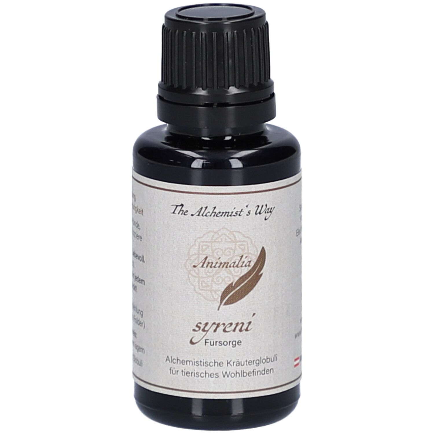 Braune Glasflasche mit schwarzem Deckel. Etikett mit Produktnamen, Logo und Text. Für tierisches Wohlbefinden.