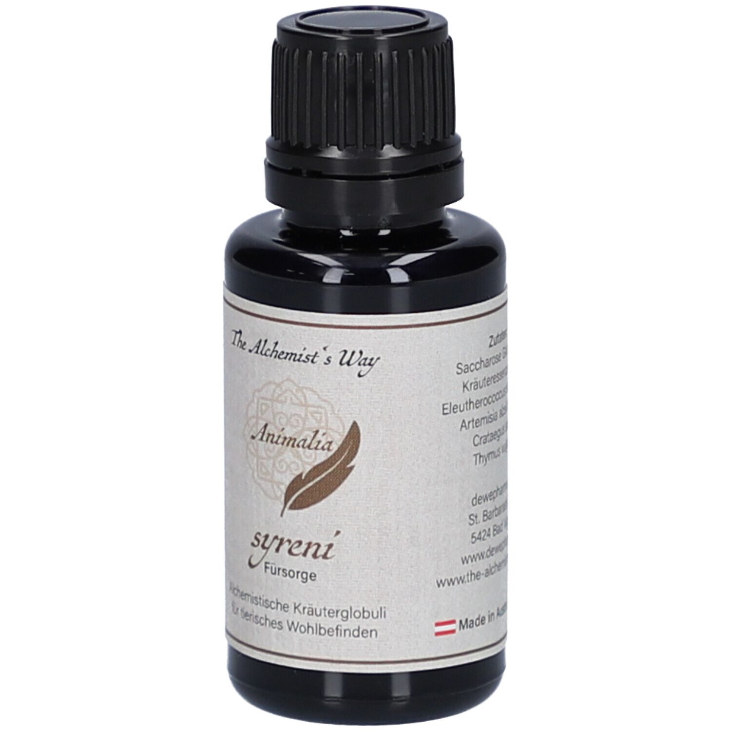 Braune Glasflasche mit schwarzem Deckel. Etikett mit Produktnamen, Logo und Text. Für tierisches Wohlbefinden.