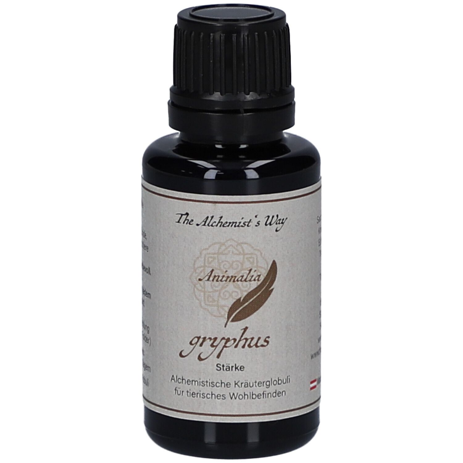 Braune Glasflasche mit schwarzem Deckel. Etikett mit "The Alchemist's Way", "Animalia gryphus Stärke".