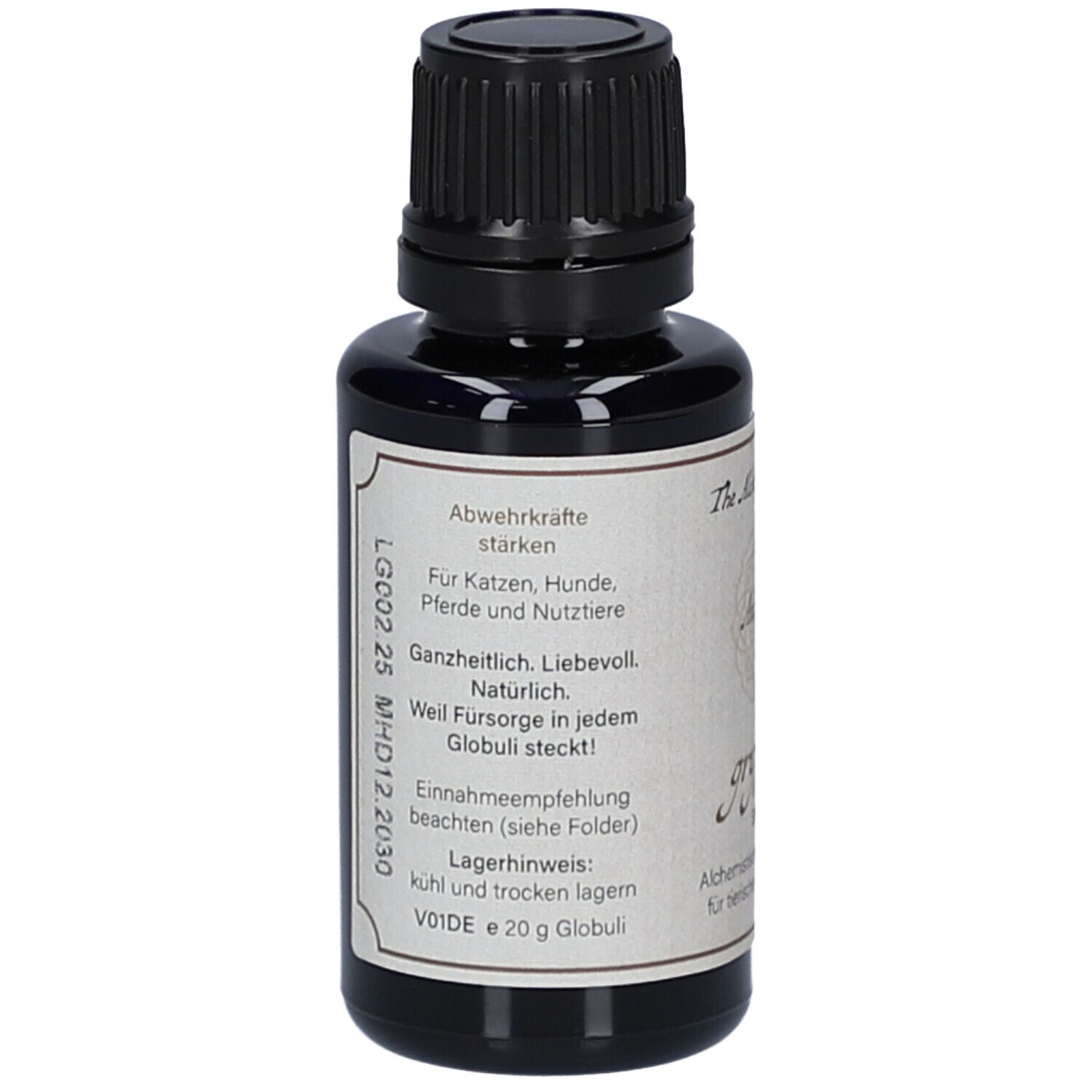Braune Glasflasche mit schwarzem Deckel. Etikett mit Text über Abwehrkräfte, Lagerhinweis und Chargennummer.