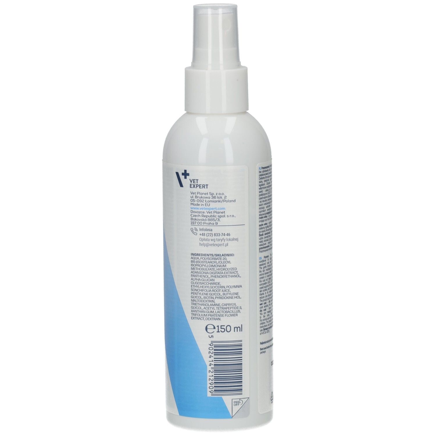 Rückseite einer weißen Sprühflasche mit blauer diagonaler Linie und 150ml Angabe.