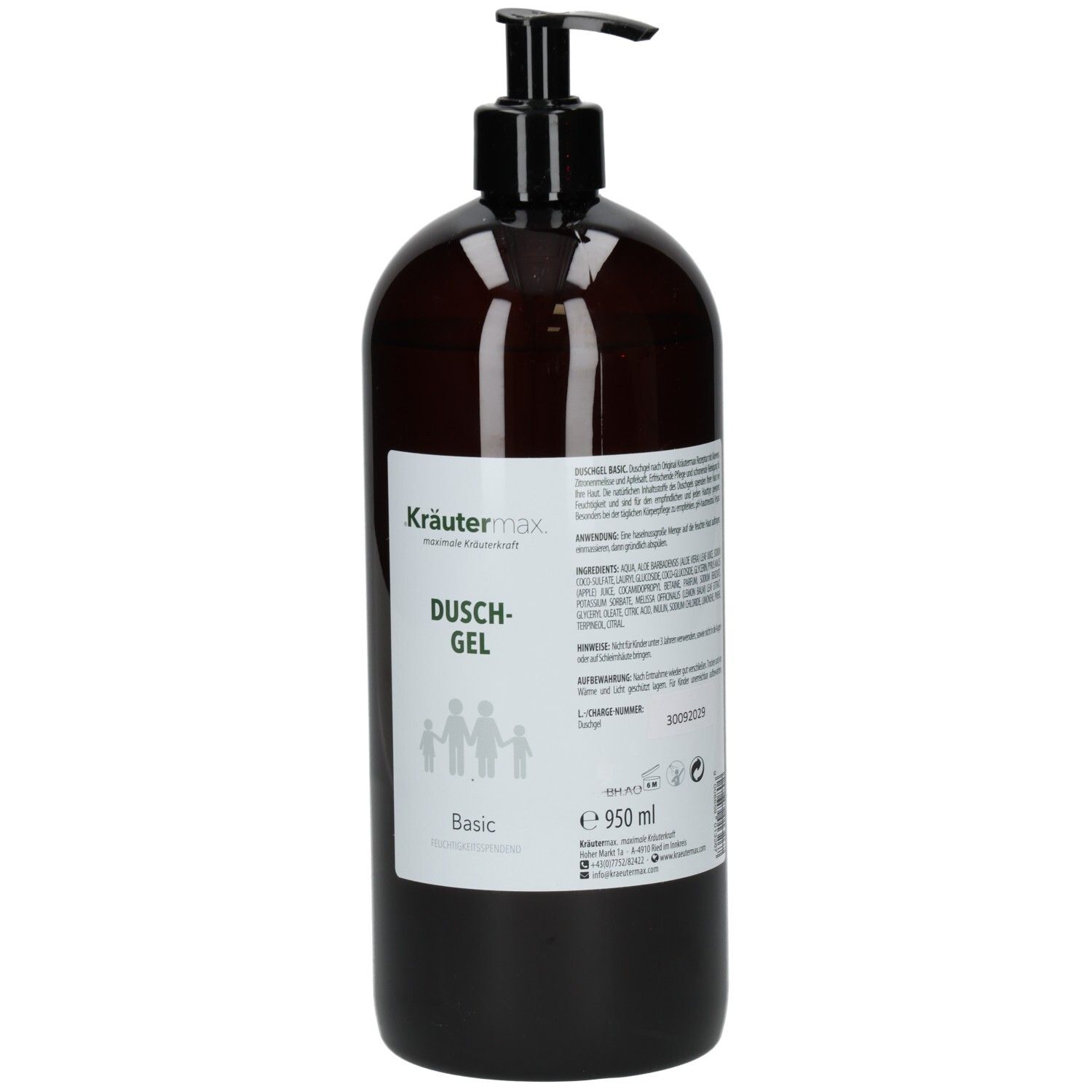 Braune Flasche mit schwarzem Pumpkopf. Etikett mit Produktinformationen. Kräutermax Duschgel Basic.