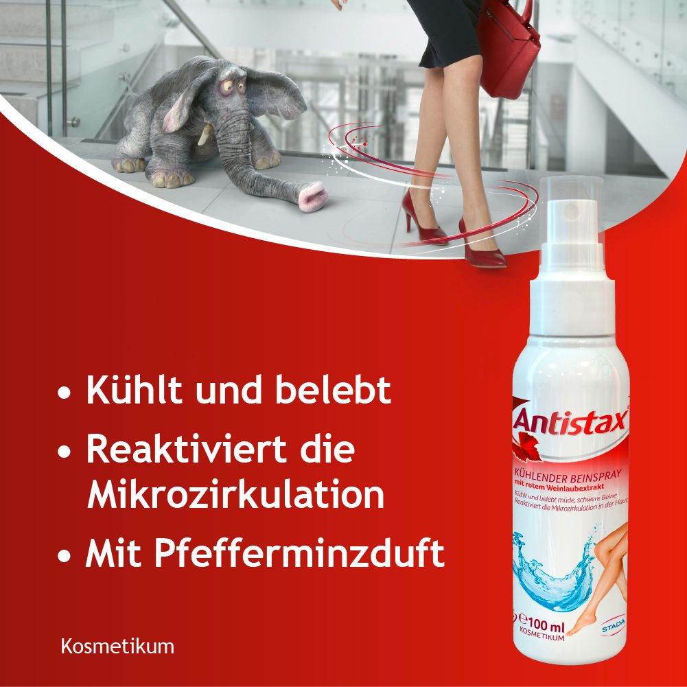 Werbebild: Frau in Business-Kleidung geht, ein Elefant mit einem Schuh. Antistax Beinspray Flasche.