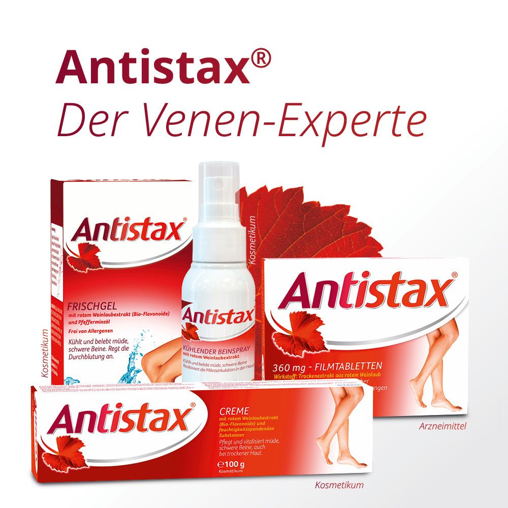 Produktübersicht Antistax: Frischgel, Beinspray, Creme und Filmtabletten.