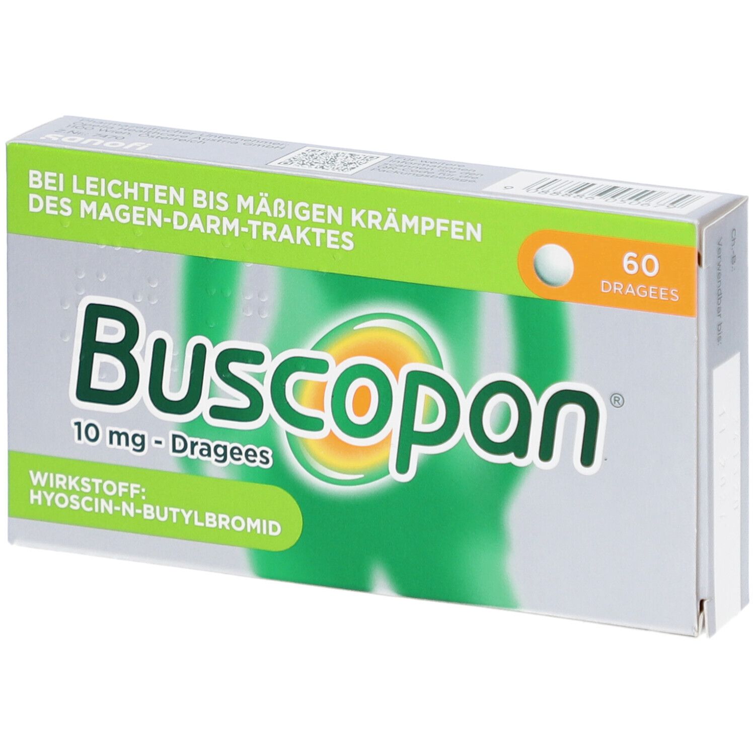 Schachtel mit Buscopan® Dragees 10 mg. Grün-weißes Design mit Produktnamen und 60 Dragees. Text: Bei leichten bis mäßigen Krämpfen.
