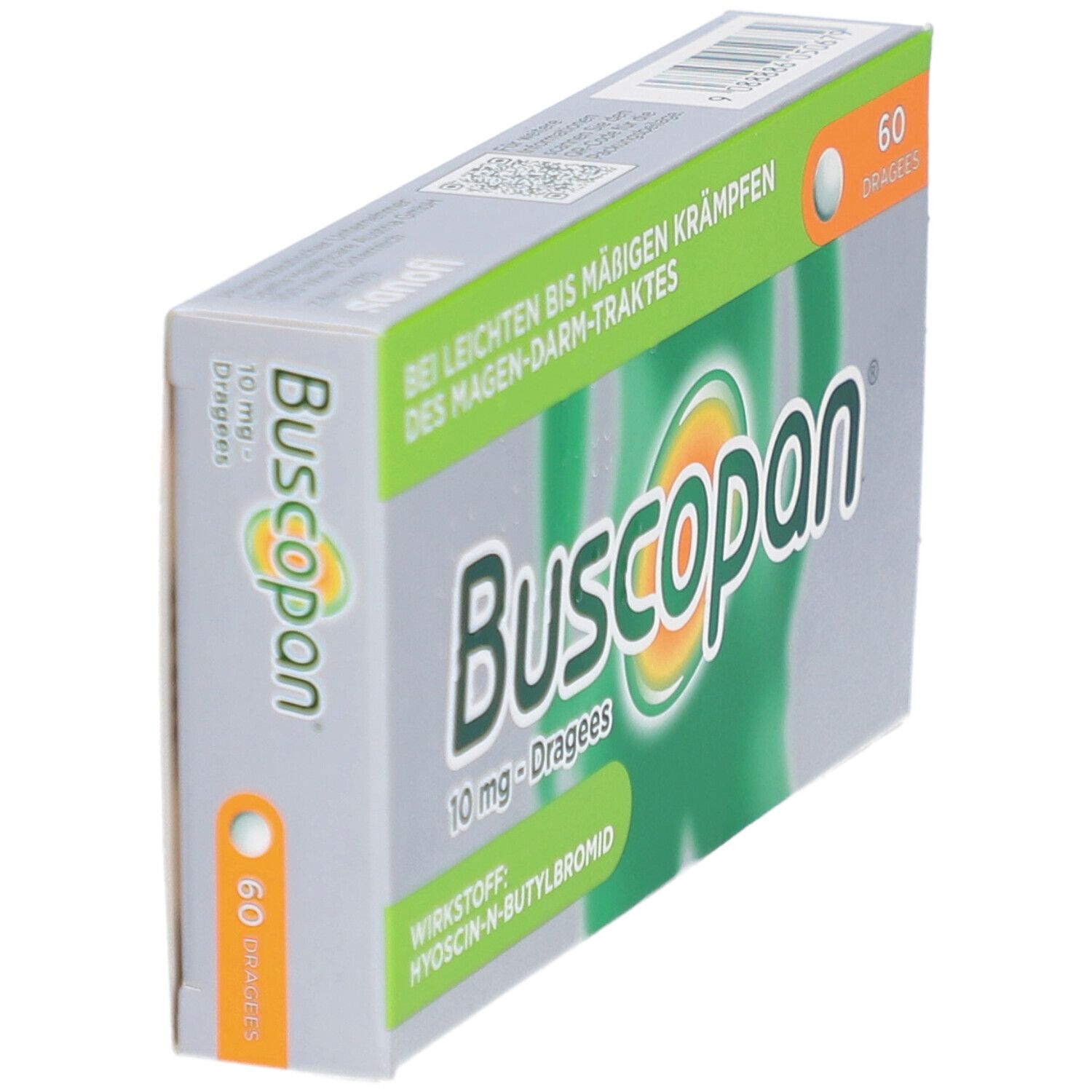 Schachtel Buscopan® Dragees 10 mg. Seitenansicht. Grün-weißes Design mit Produktnamen und 60 Dragees. Text: Bei leichten bis mäßigen Krämpfen.