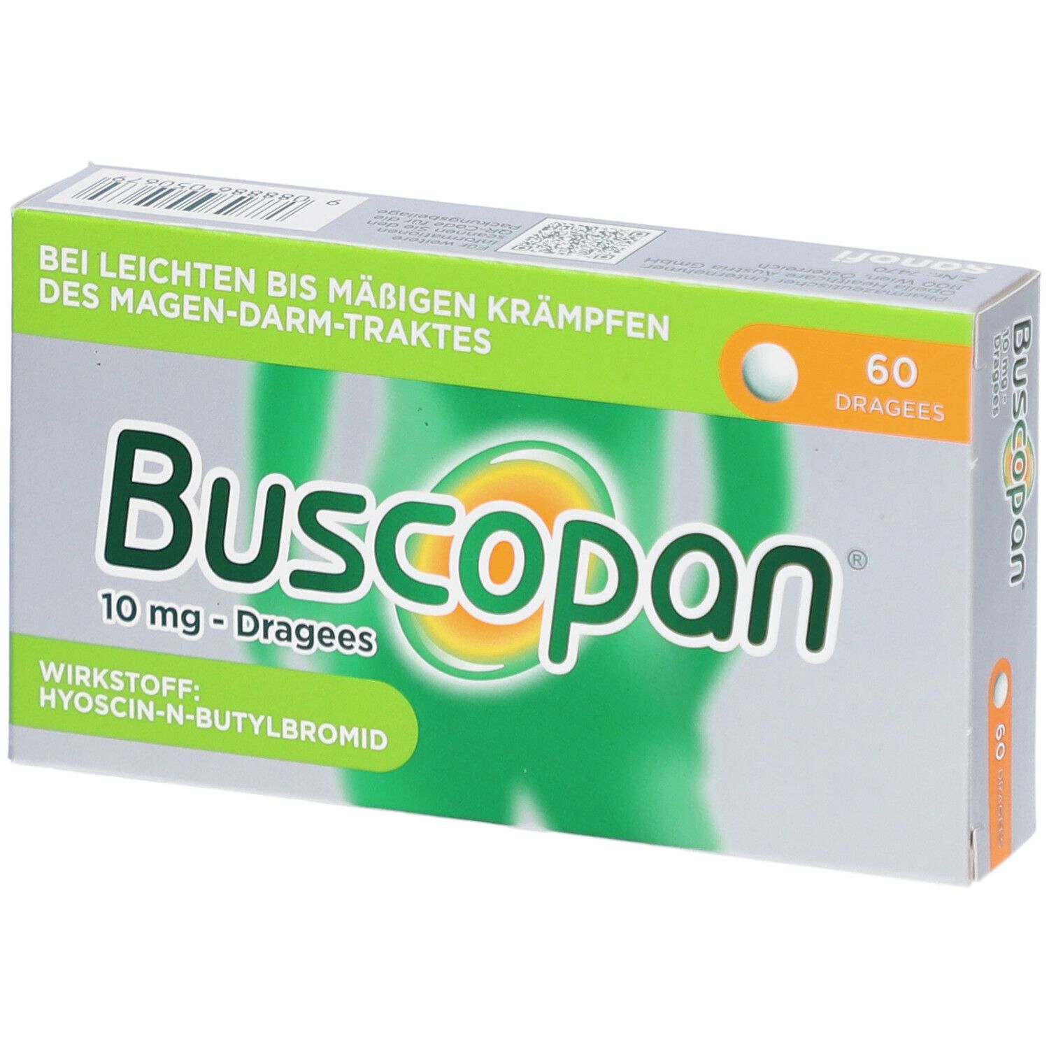 Schachtel mit Buscopan® Dragees 10 mg. Grün-weißes Design mit Produktnamen und 60 Dragees. Text: Bei leichten bis mäßigen Krämpfen.