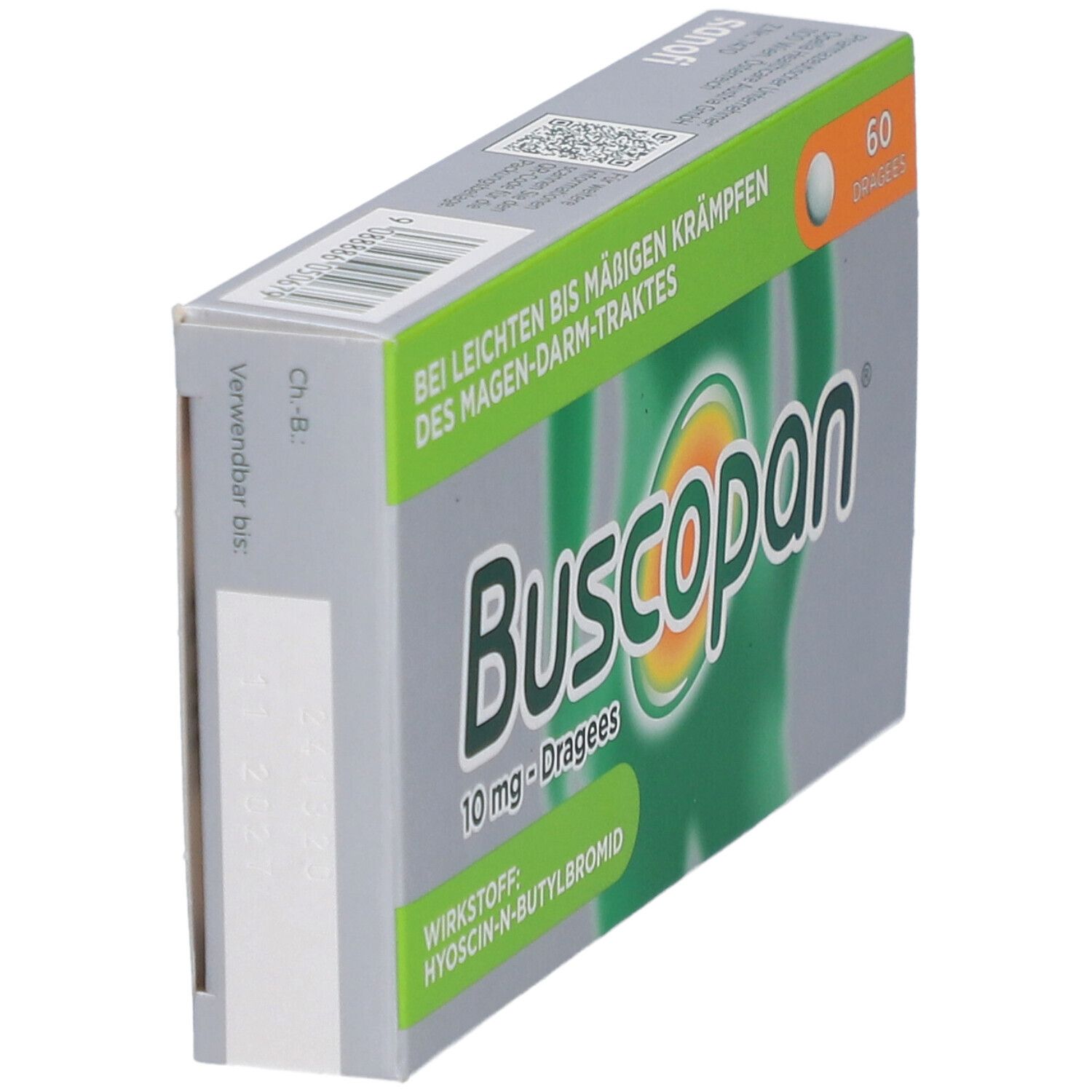 Schachtel Buscopan® Dragees 10 mg. Seitenansicht. Grün-weißes Design mit Produktnamen und 60 Dragees. Text: Bei leichten bis mäßigen Krämpfen.