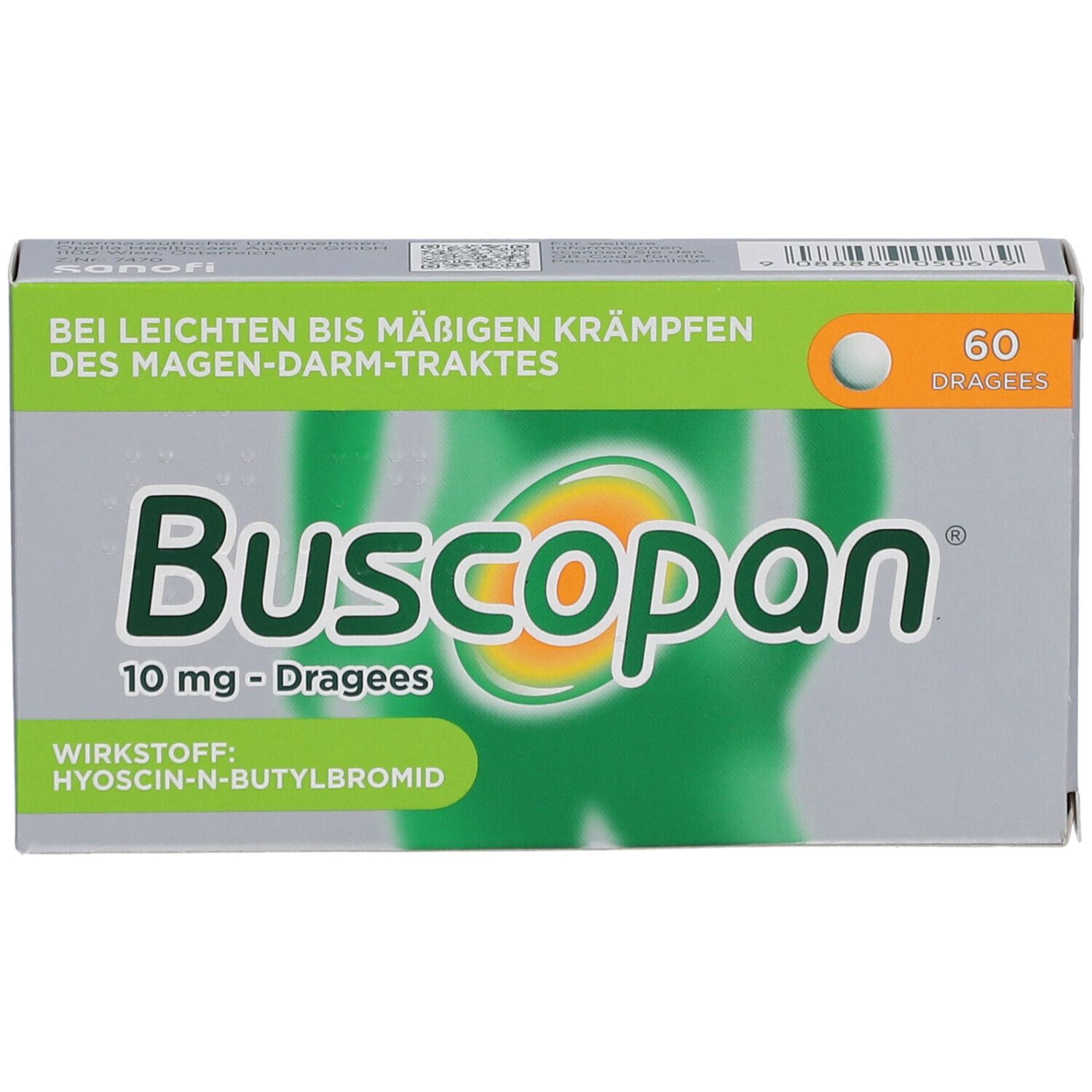 Schachtel mit Buscopan® Dragees 10 mg. Grün-weißes Design mit Produktnamen und 60 Dragees. Text: Bei leichten bis mäßigen Krämpfen.