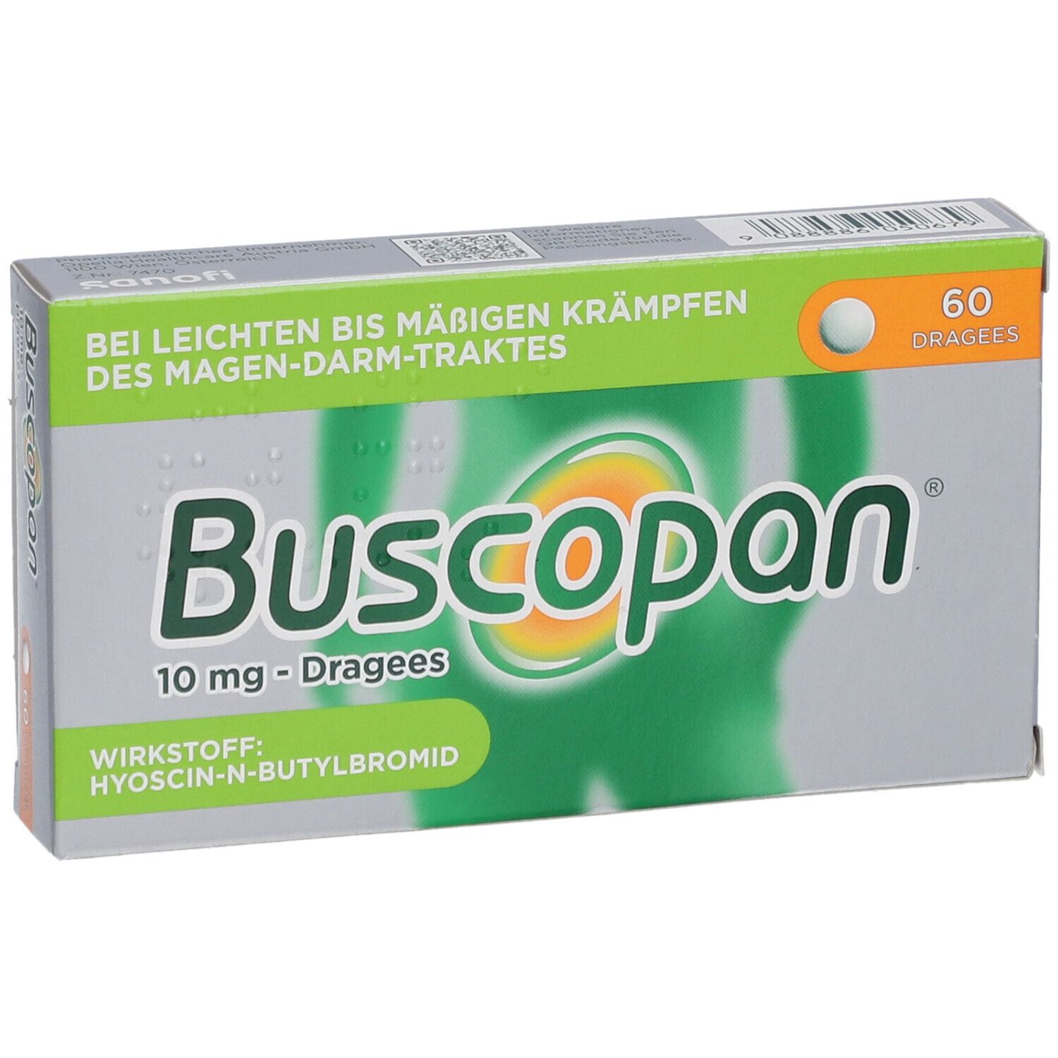 Schachtel mit Buscopan® Dragees 10 mg. Grün-weißes Design mit Produktnamen und 60 Dragees. Text: Bei leichten bis mäßigen Krämpfen.
