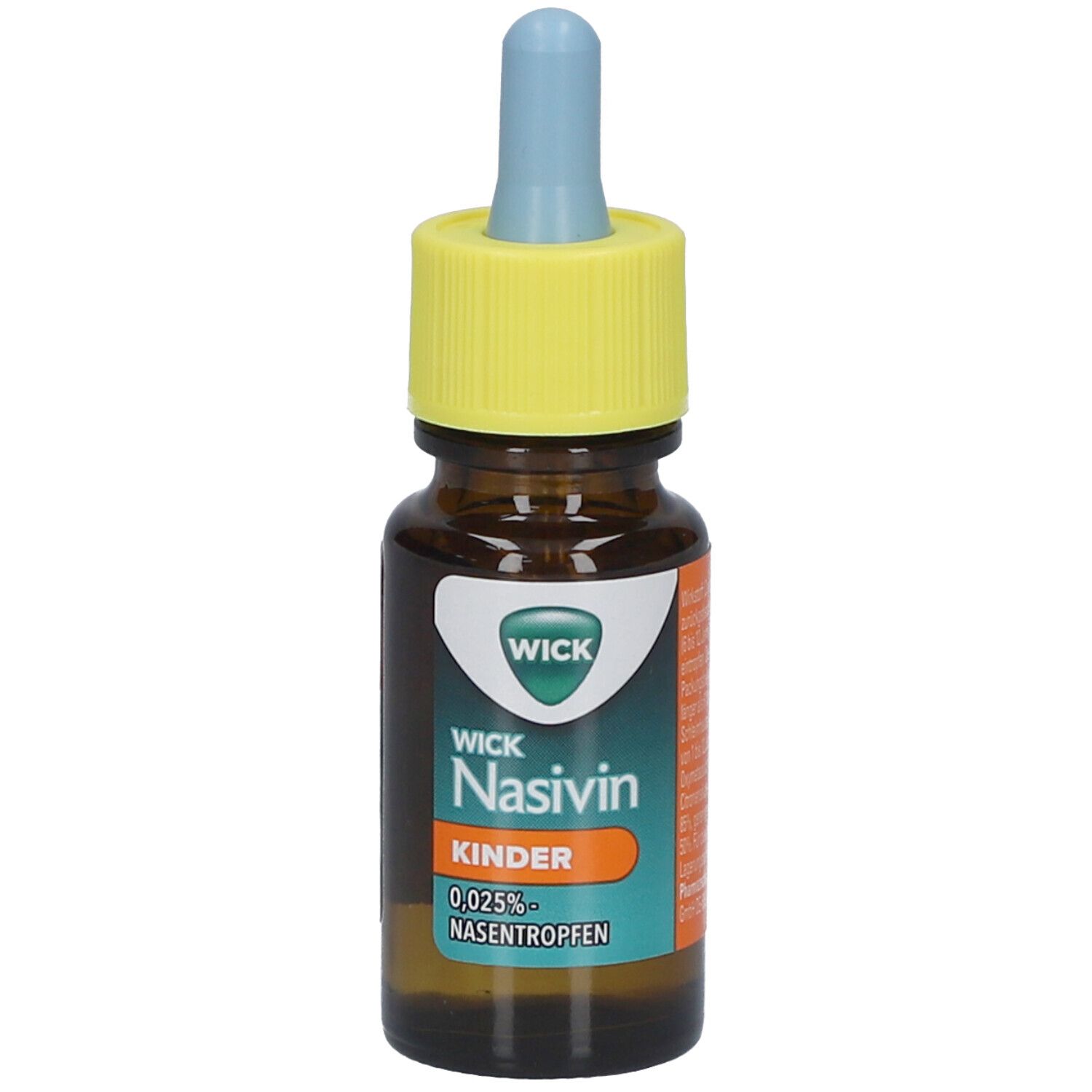 Braune Flasche mit gelbem Deckel und blauer Spitze. Aufschrift: WICK Nasivin Kinder 0,025% Nasentropfen.