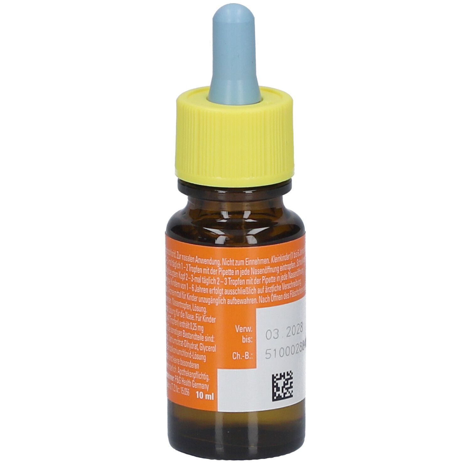 Braune Flasche mit gelbem Deckel und blauer Spitze. Text mit Anweisungen und Inhaltsstoffen. Volumen: 10 ml.