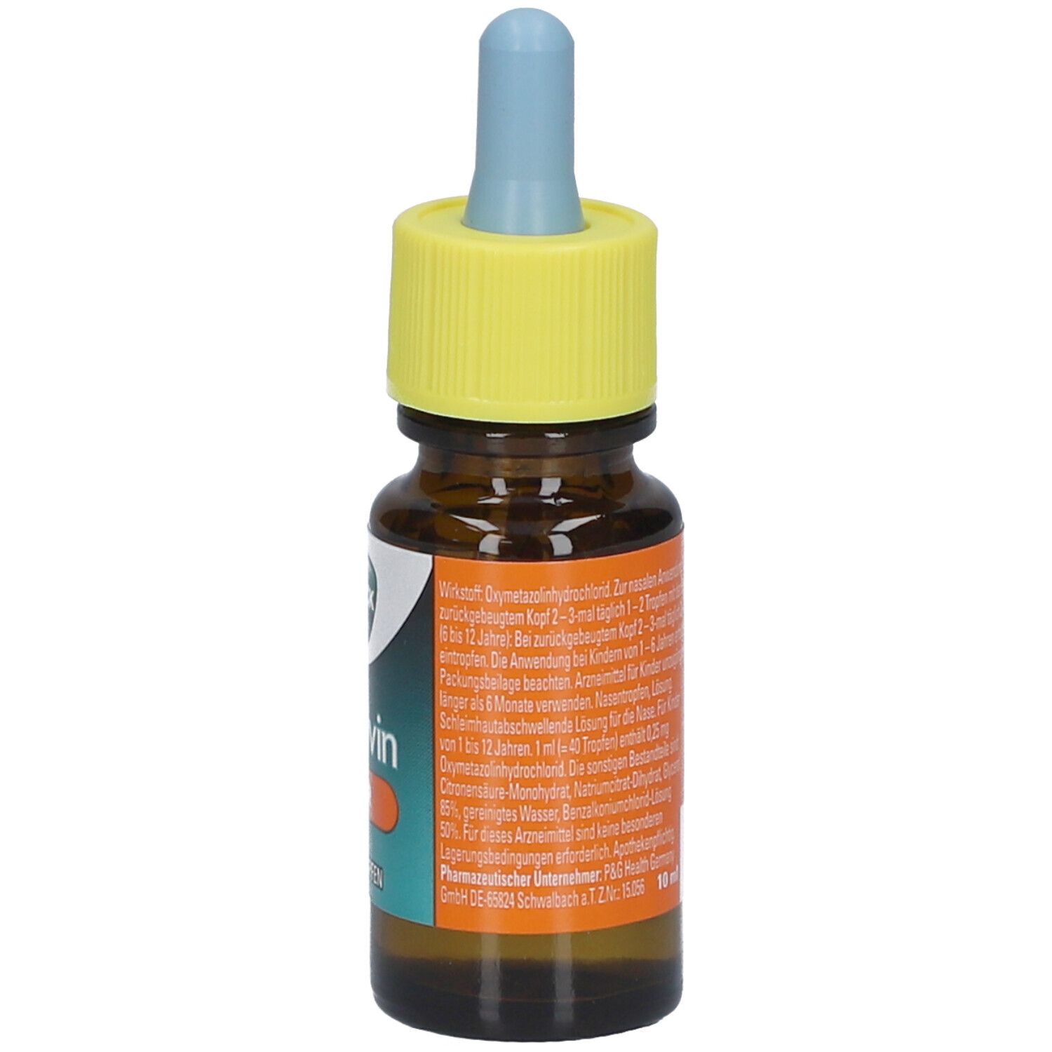 Braune Flasche mit gelbem Deckel und blauer Spitze. Text mit Anweisungen und Inhaltsstoffen. Volumen: 10 ml.