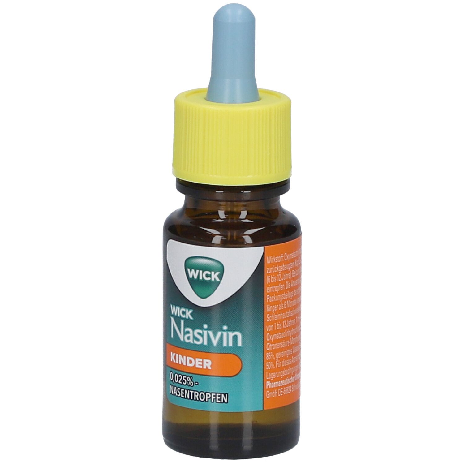 Braune Flasche mit gelbem Deckel und blauer Spitze. Aufschrift: WICK Nasivin Kinder 0,025% Nasentropfen.