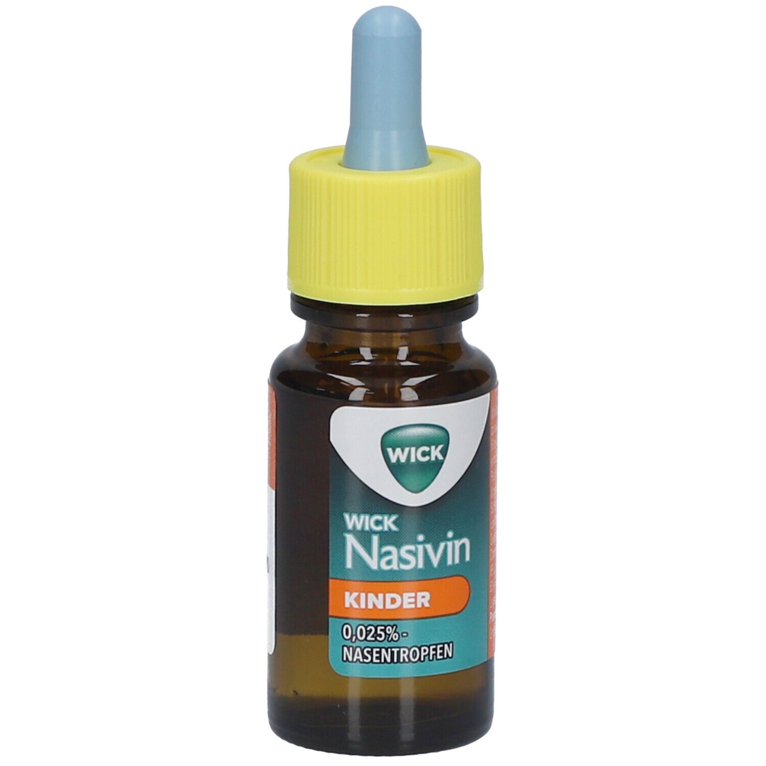 Braune Flasche mit gelbem Deckel und blauer Spitze. Aufschrift: WICK Nasivin Kinder 0,025% Nasentropfen.